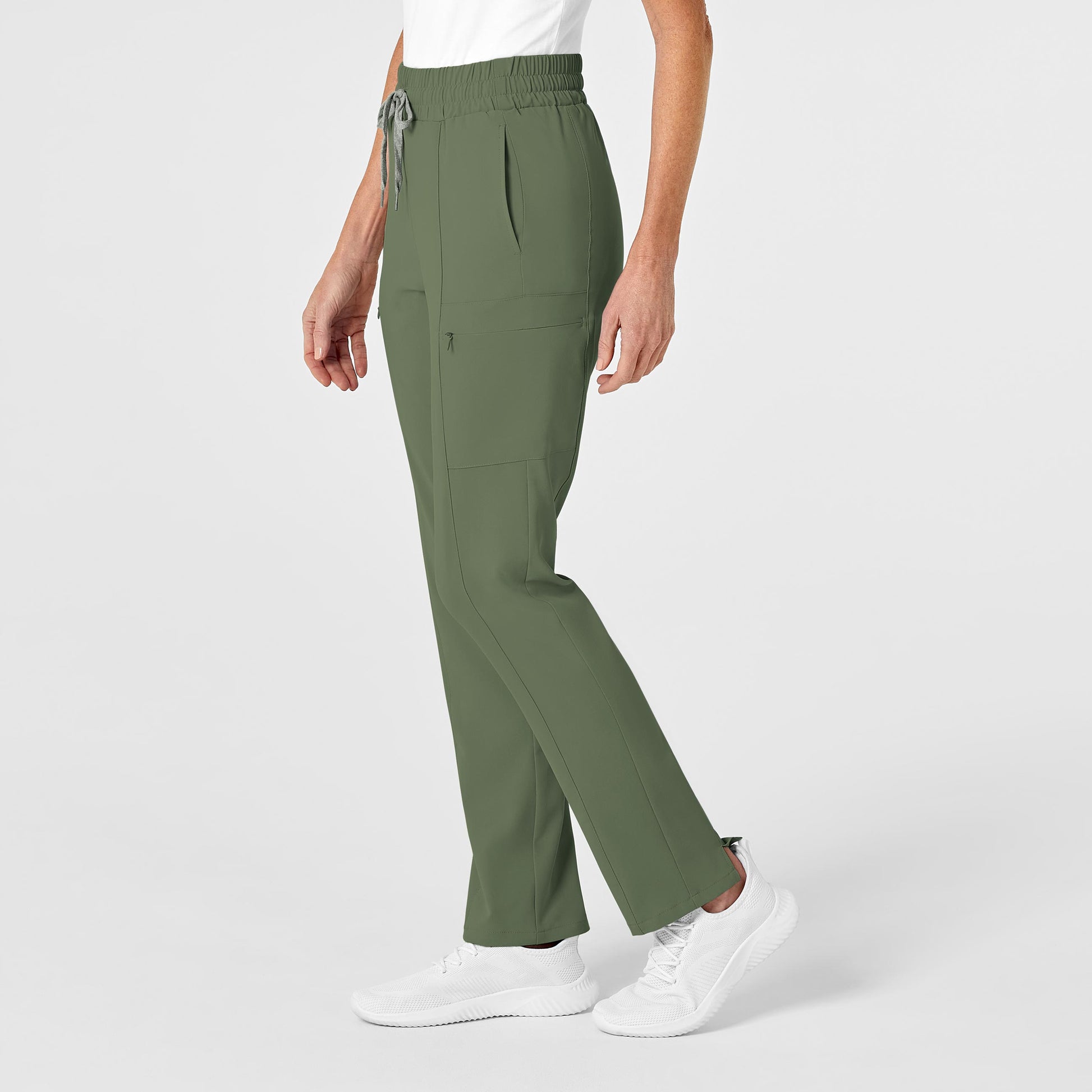 RENEW 5334 High Waist Slim Leg Scrub Pants Olive Model Image Right Side | Wink