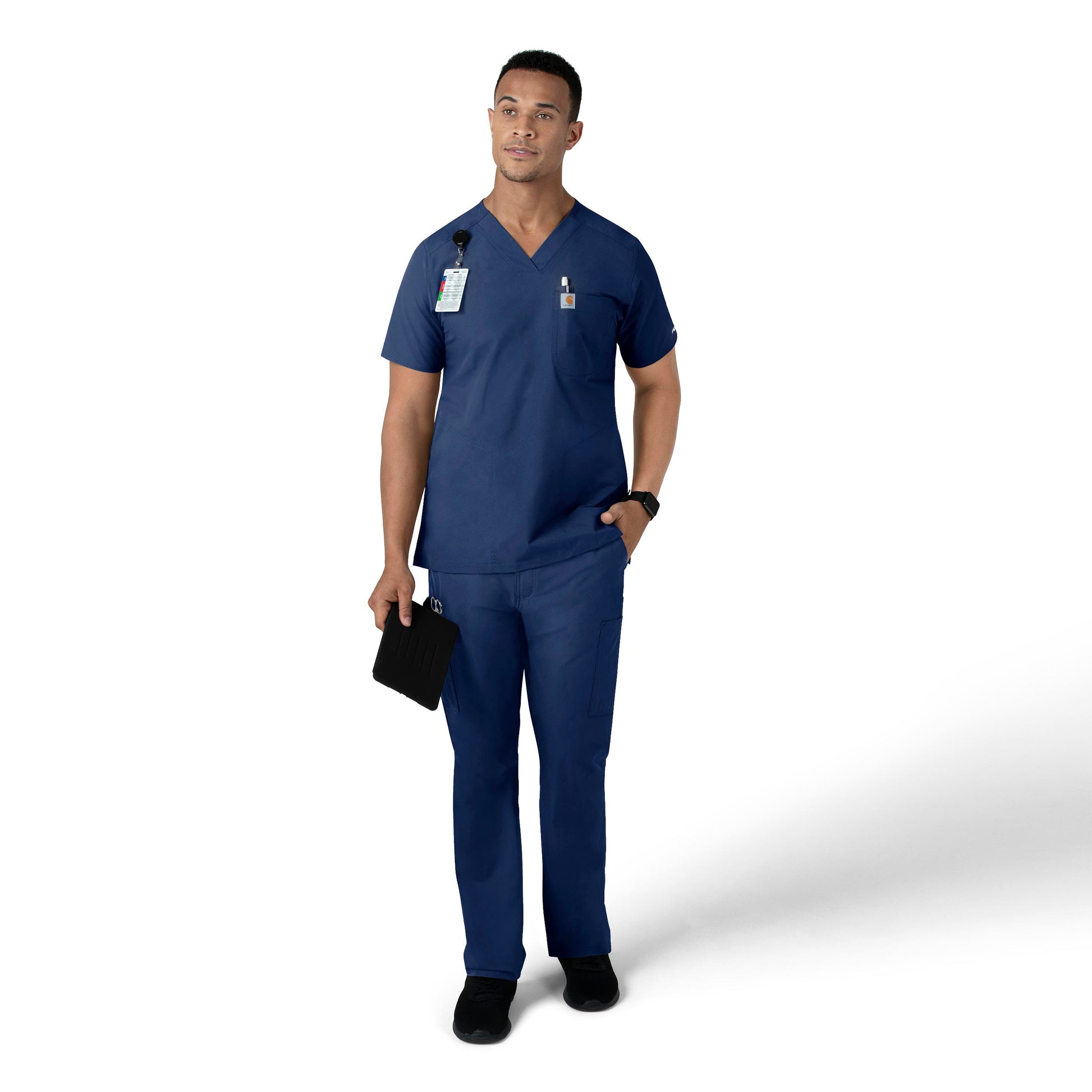 Force Essentials C16113 Men's V-Neck Shirttail Scrub Top Navy Model Image Right Side | Carhartt