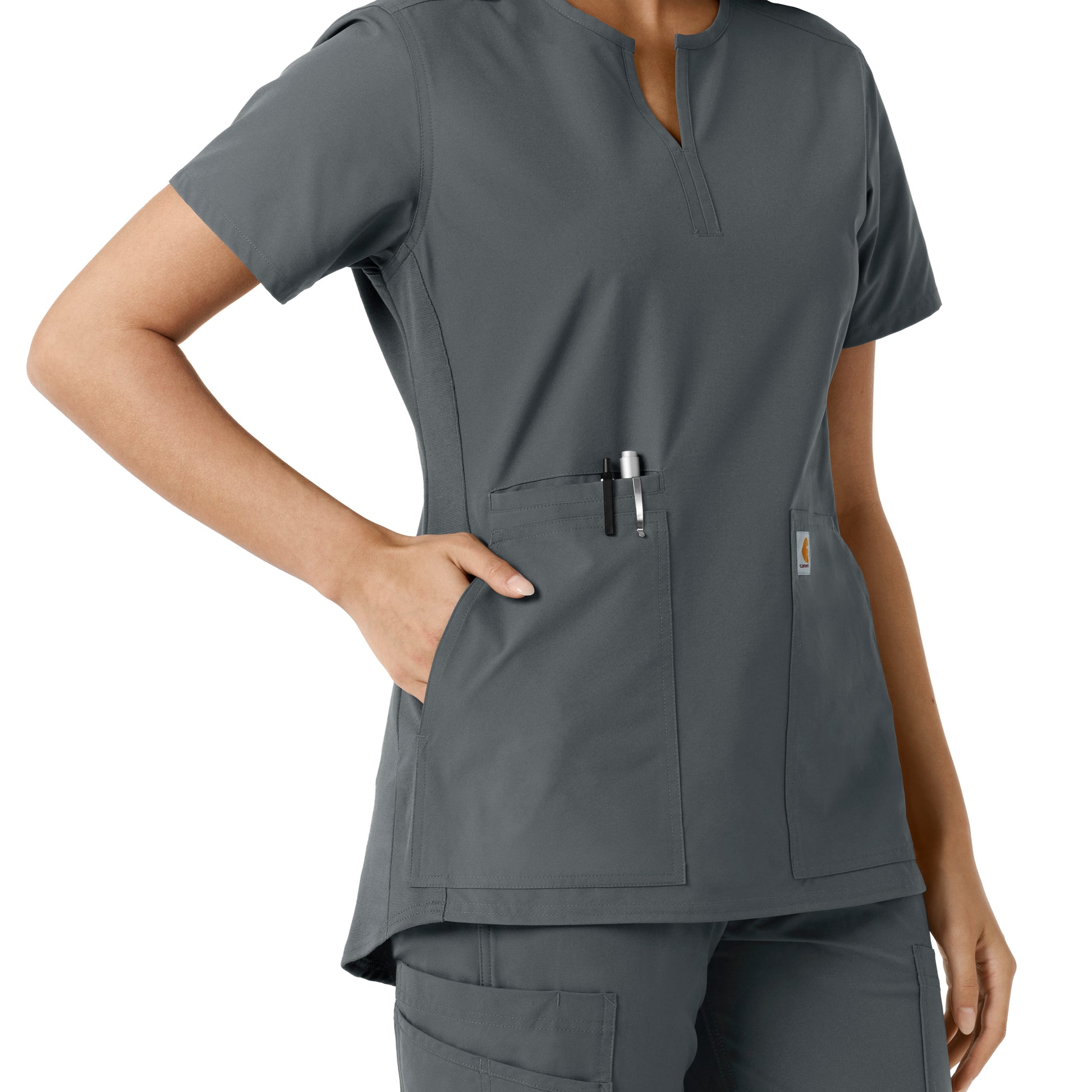 Force Essentials C12413 Notch Neck Tunic Knit Panel Scrub Top Pewter Model Image Alternate | Carhartt