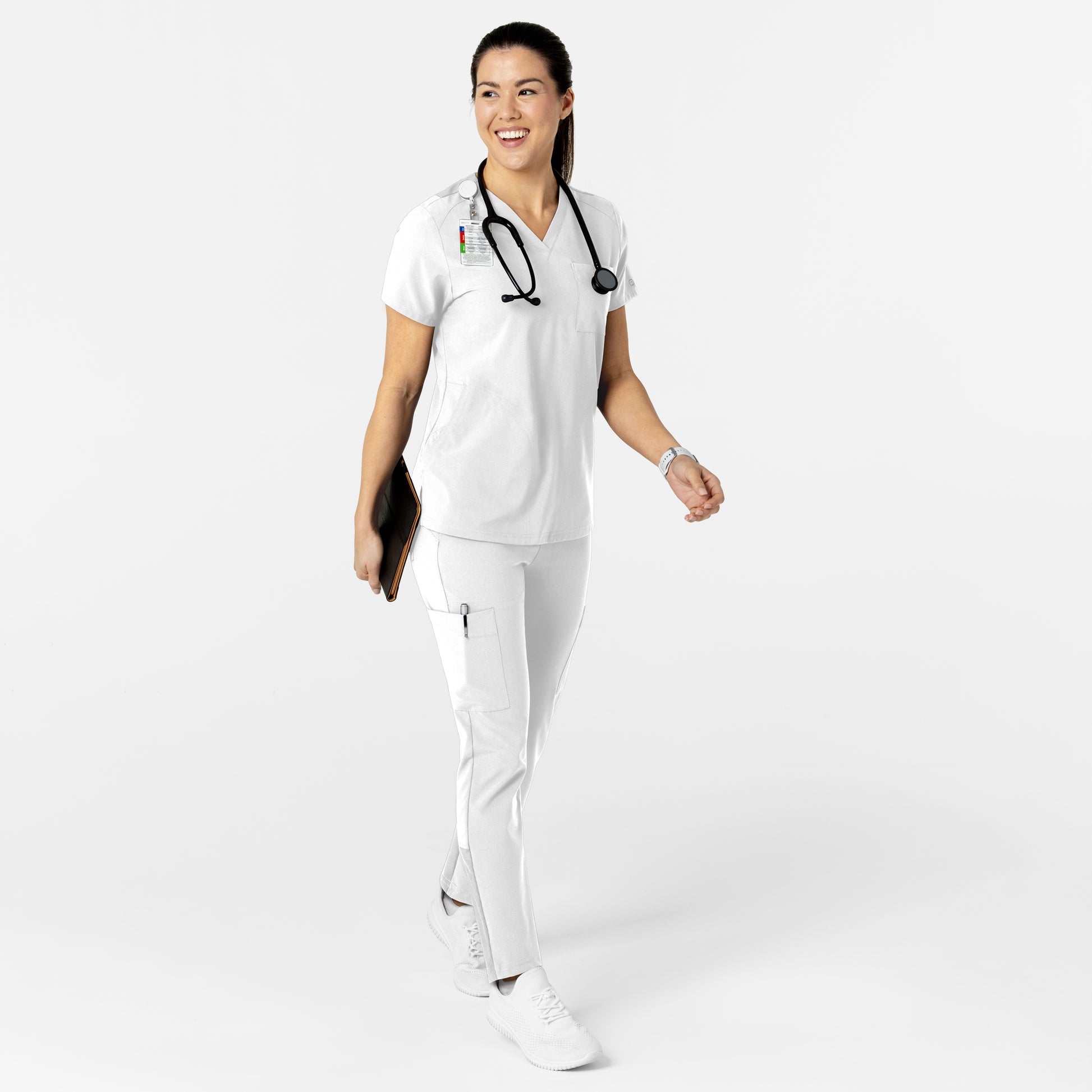 W123 6045 Flex-n-Reach V-Neck Scrub Top White Model Image Alternate | Wink