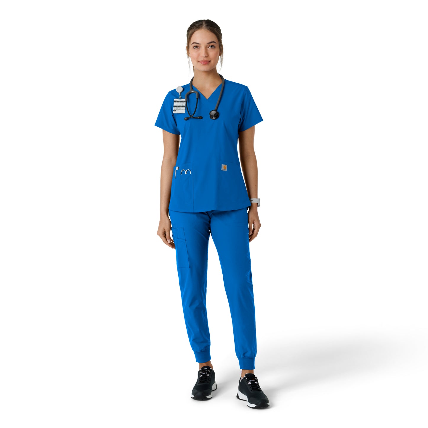 Force Essentials C12313 V-Neck Knit Panel Scrub Top Royal Model Image Right Side | Carhartt