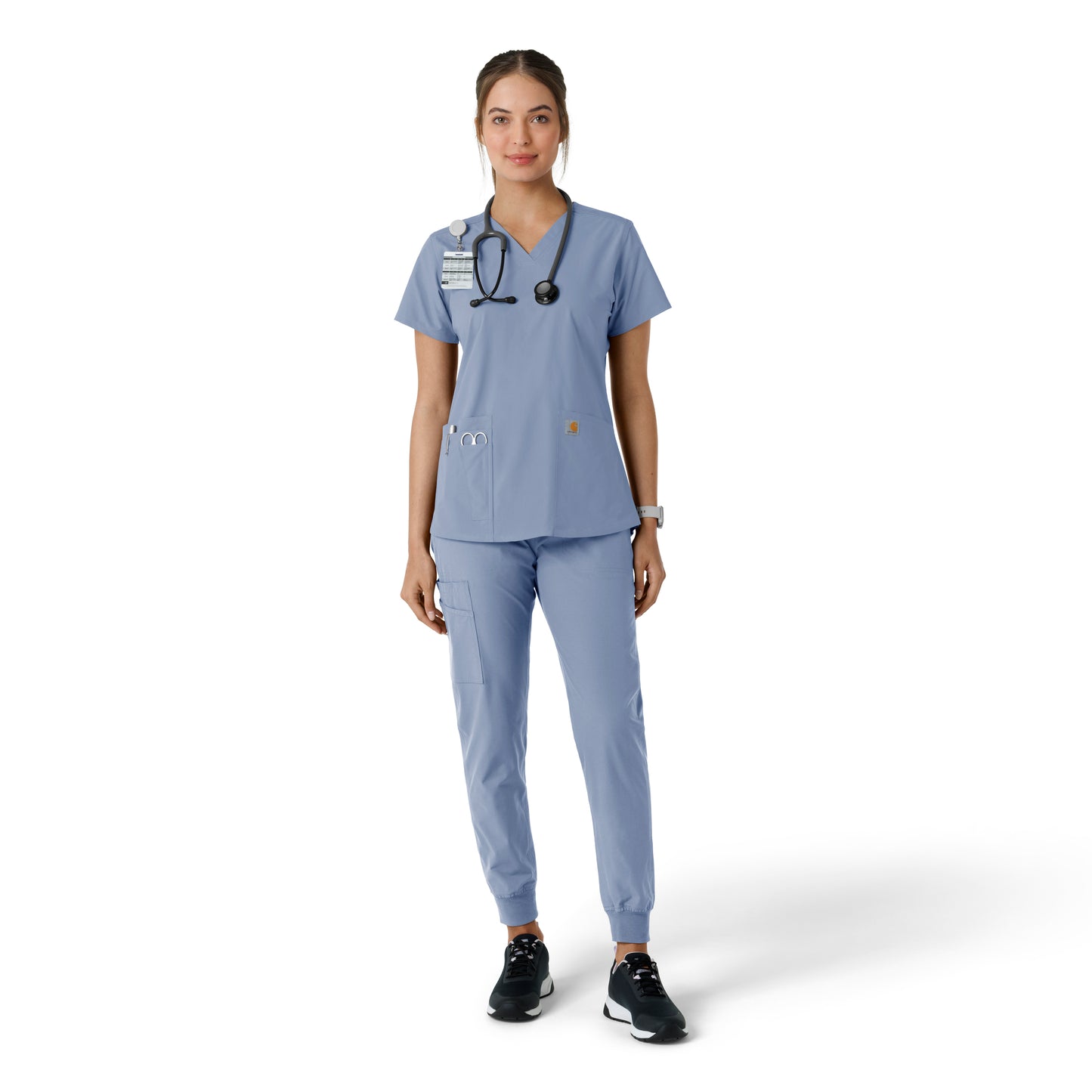 Force Essentials C12313 V-Neck Knit Panel Scrub Top Ceil Blue Model Image Right Side | Carhartt