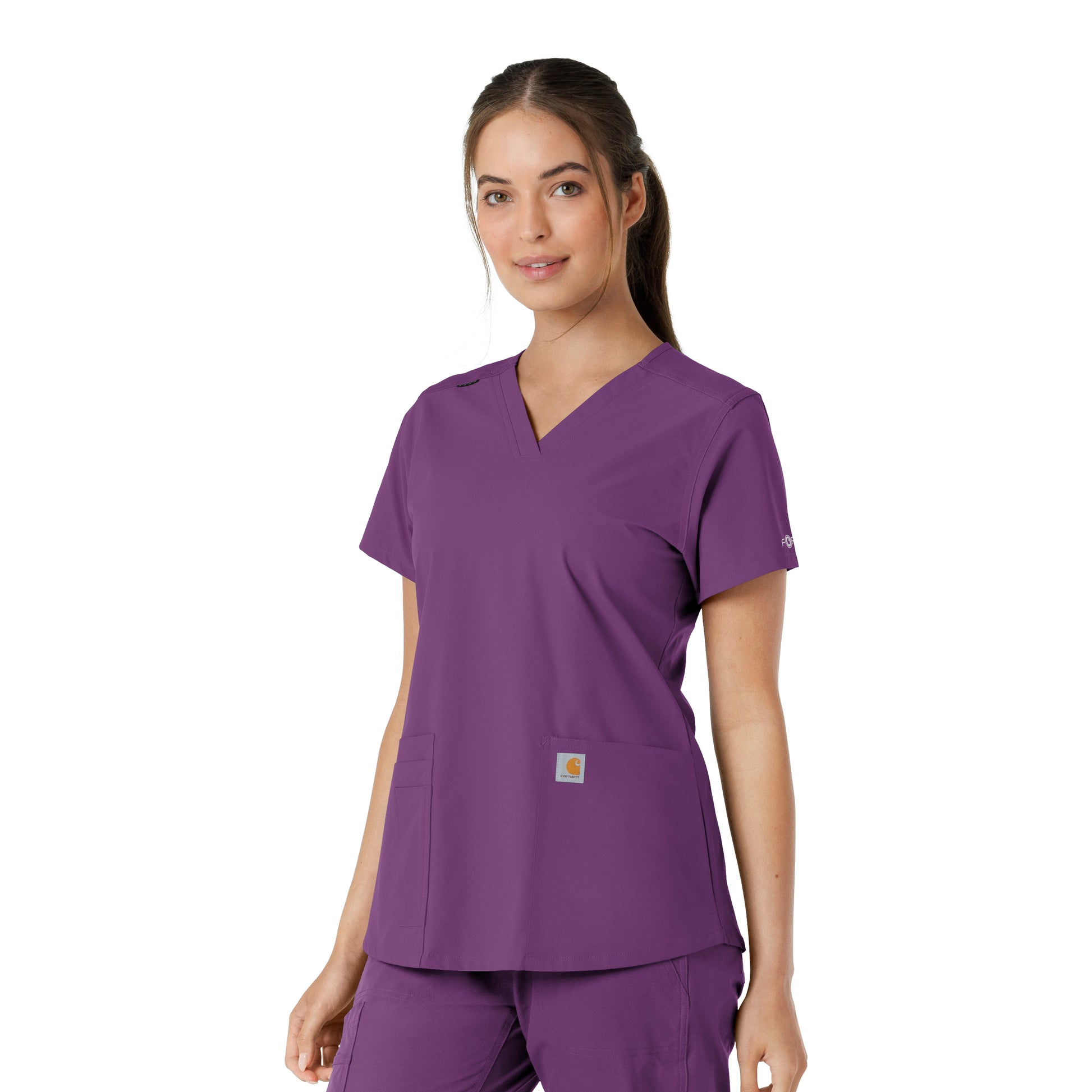 Force Essentials C12313 V-Neck Knit Panel Scrub Top Eggplant Model Image Left Side | Carhartt