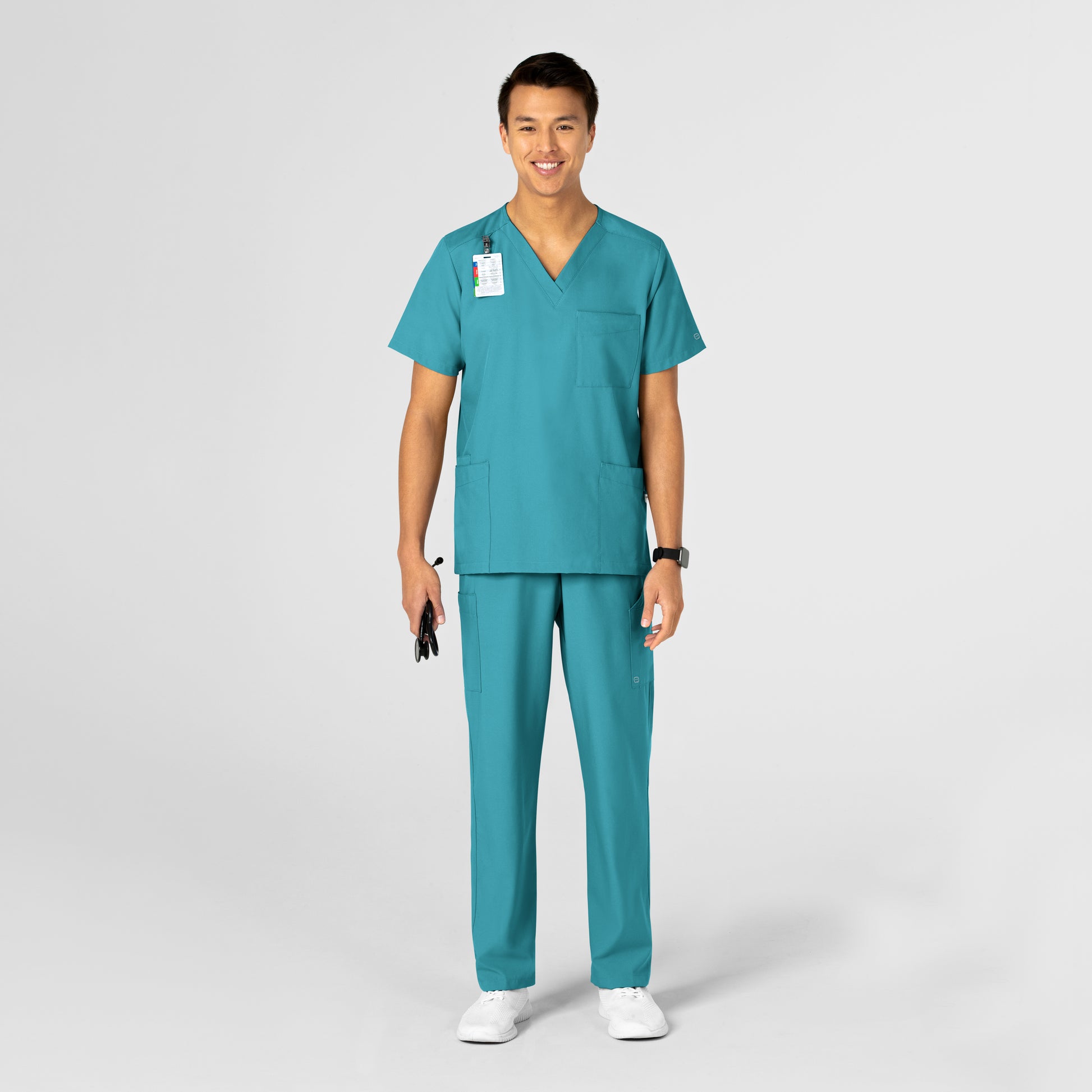 W123 6855 Unisex 4 Pocket Utility Scrub Top Teal Blue Model Image Alternate | Wink