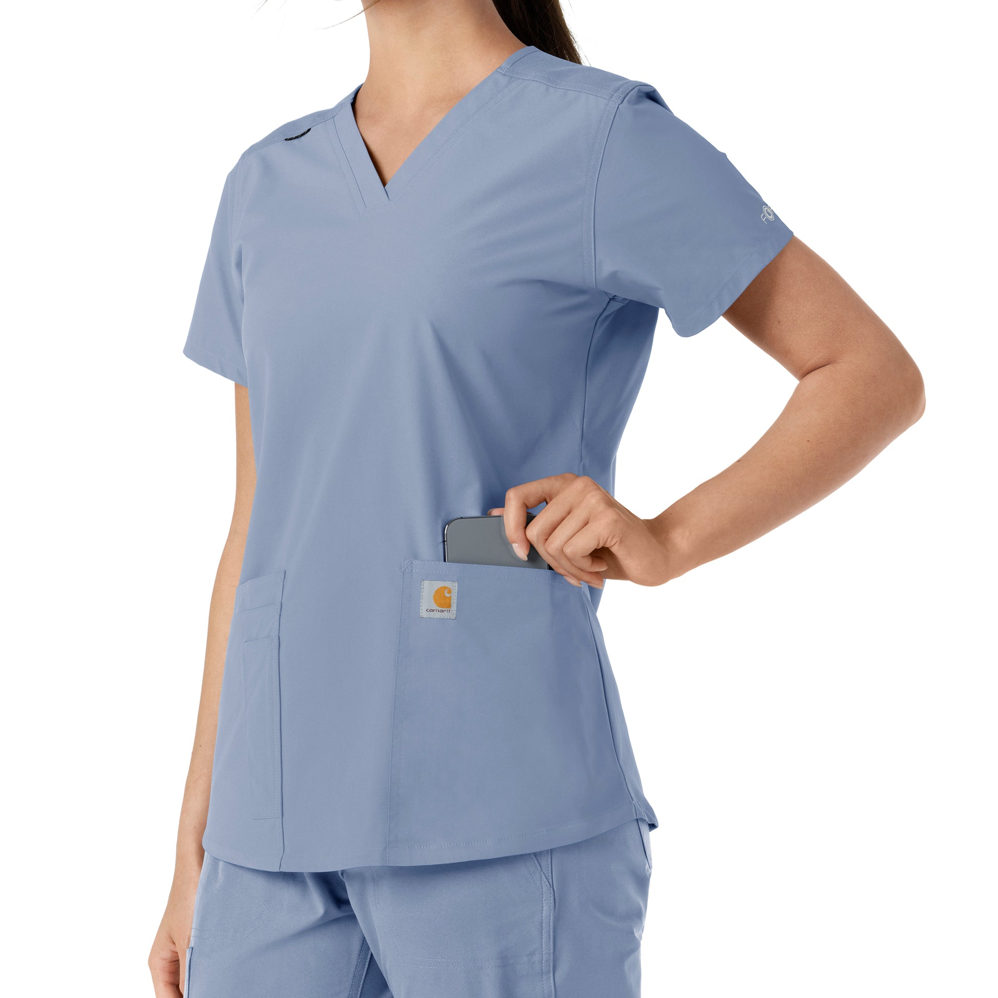 Force Essentials C12313 V-Neck Knit Panel Scrub Top Ceil Blue Model Image Alternate | Carhartt