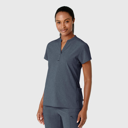 RENEW 6734 Mandarin Collar Scrub Top Navy Heather Model Image Right Side | Wink