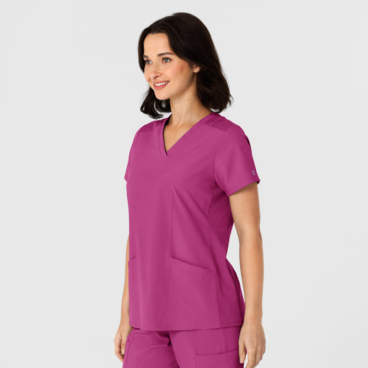 W123 6145 Flex-n-Reach Side Panel V-Neck Scrub Top Raspberry Model Image Right Side | Wink