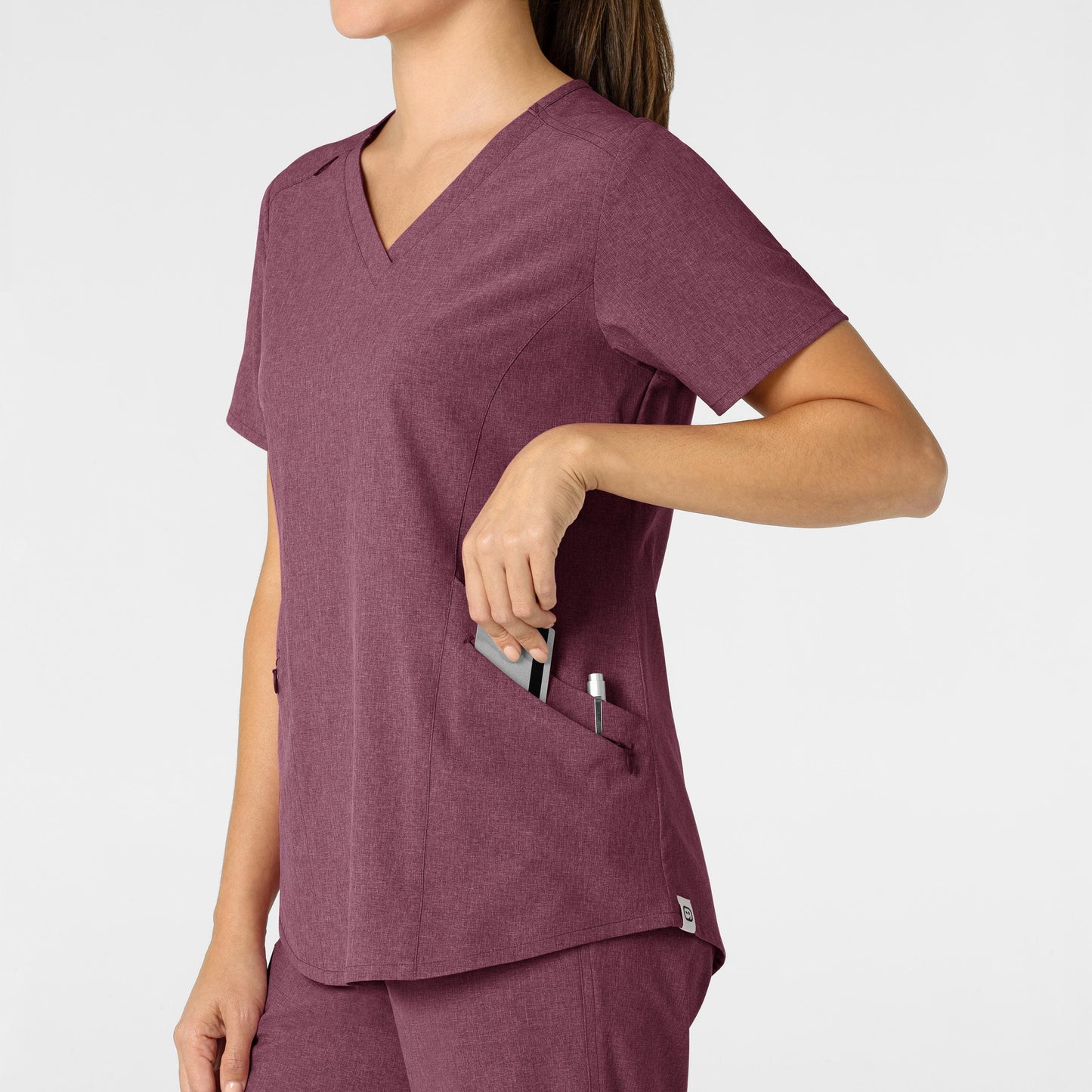 RENEW 6134 V-Neck Scrub Top Wine Heather Model Image Alternate | Wink