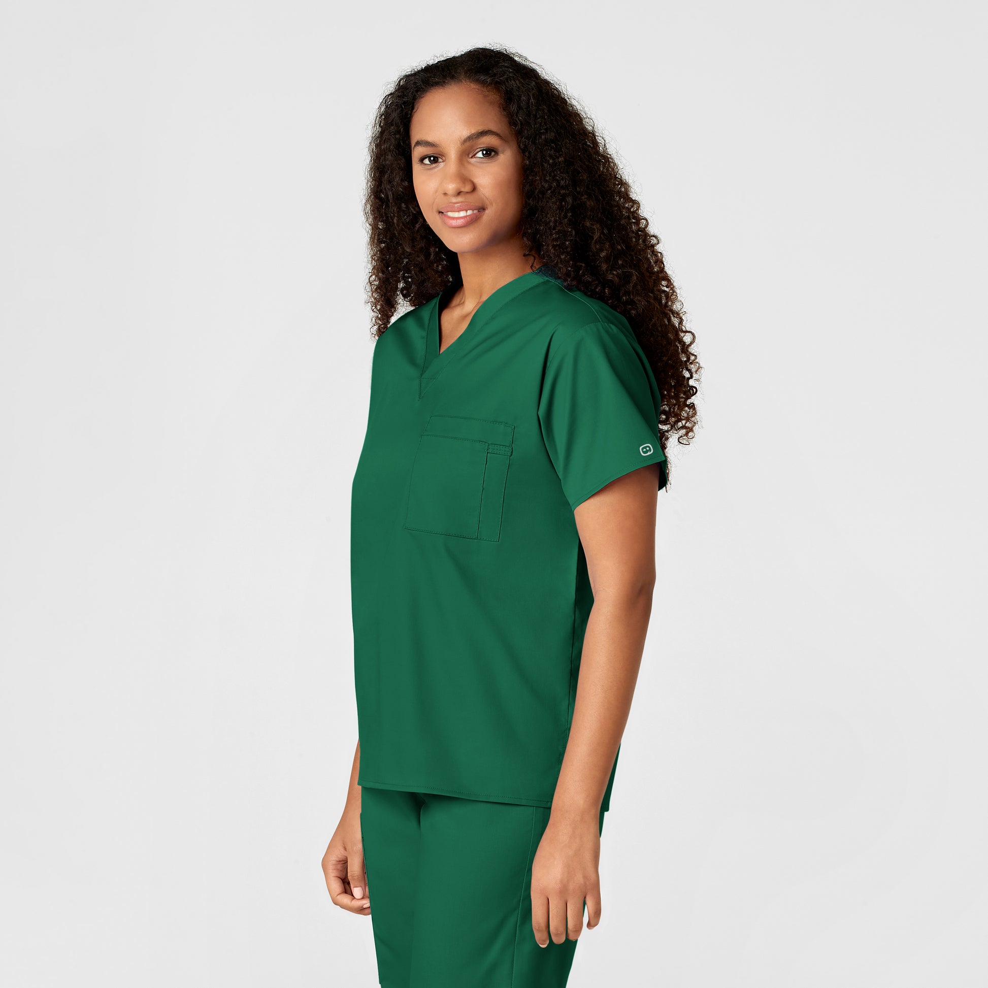 WonderWORK 100 Unisex V-Neck Scrub Top Hunter Model Image Right Side | Wink