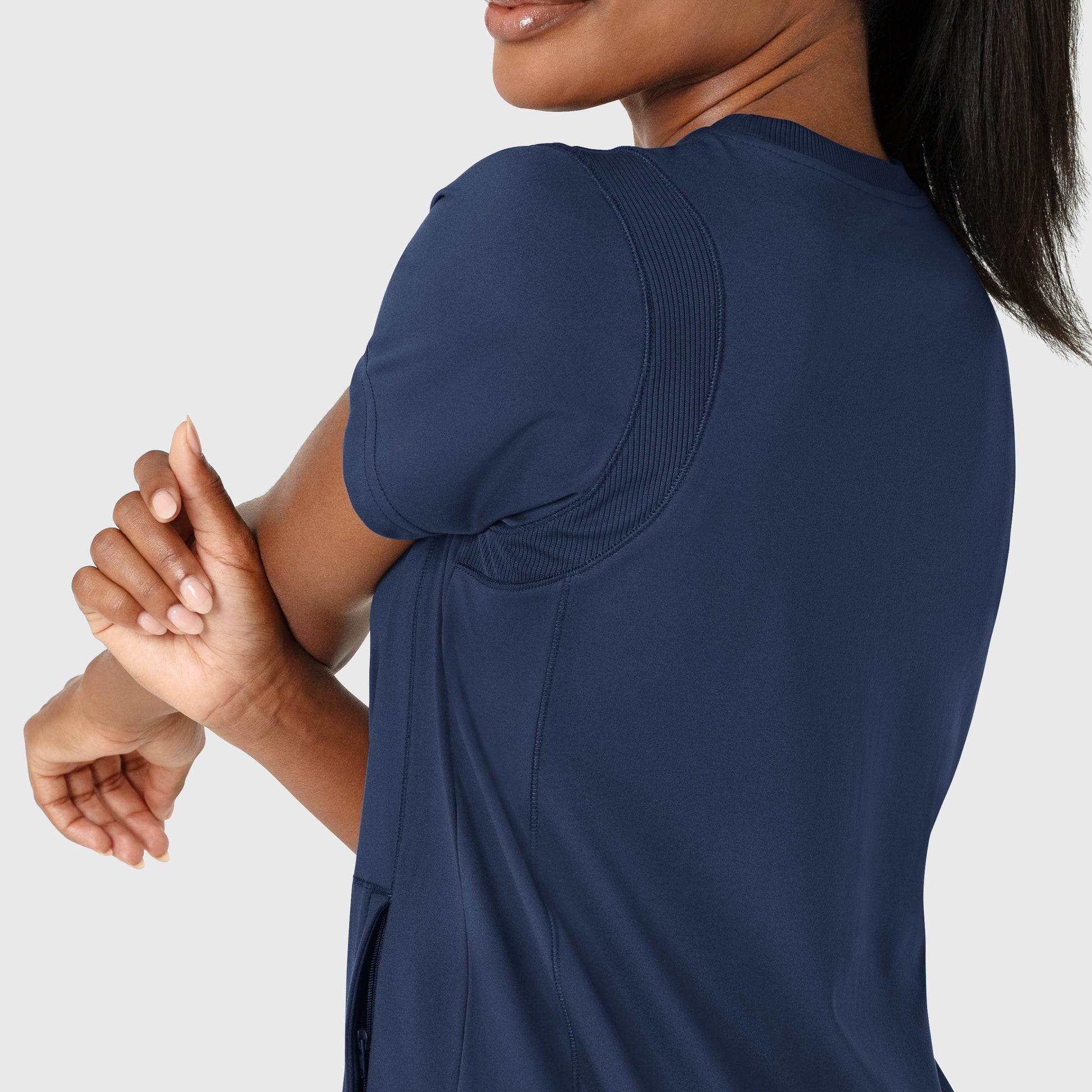 RENEW 6359 Knit Flex-n-Reach Crew Neck Scrub Top Navy Model Image Alternate | Wink