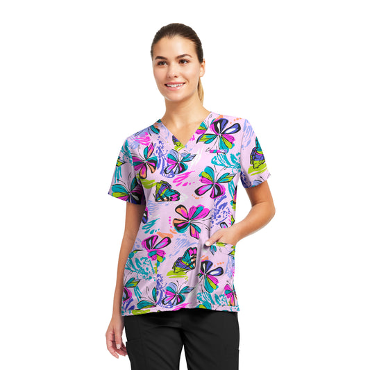 Prints 618BUDE Women's 3 Pocket V Neck Scrub Top Butterfly Delight Image