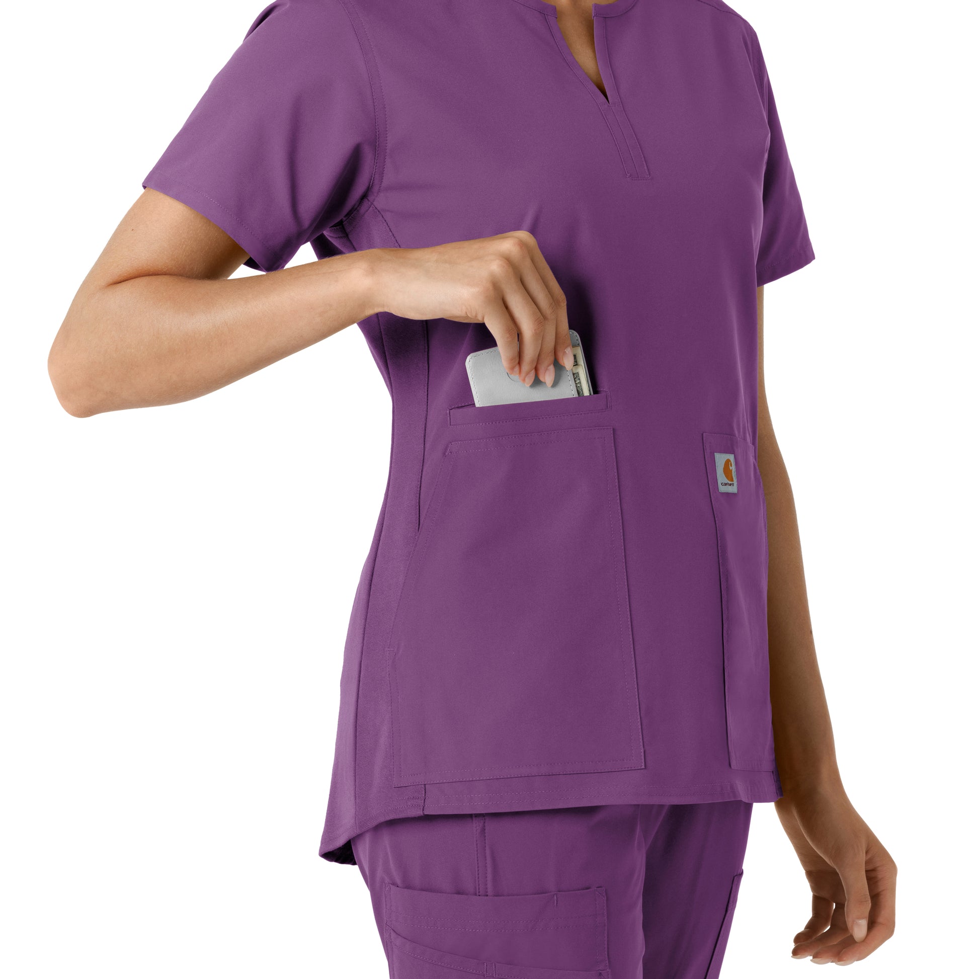 Force Essentials C12413 Notch Neck Tunic Knit Panel Scrub Top Eggplant Model Image Alternate | Carhartt