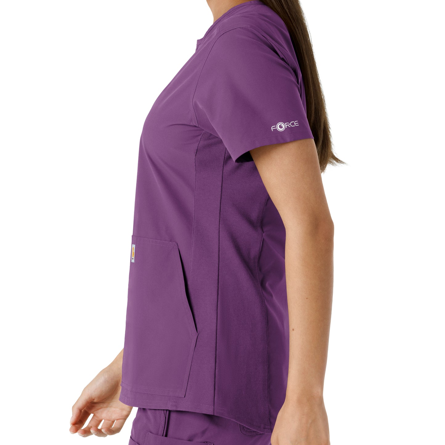 Force Essentials C12413 Notch Neck Tunic Knit Panel Scrub Top Eggplant Model Image Alternate | Carhartt