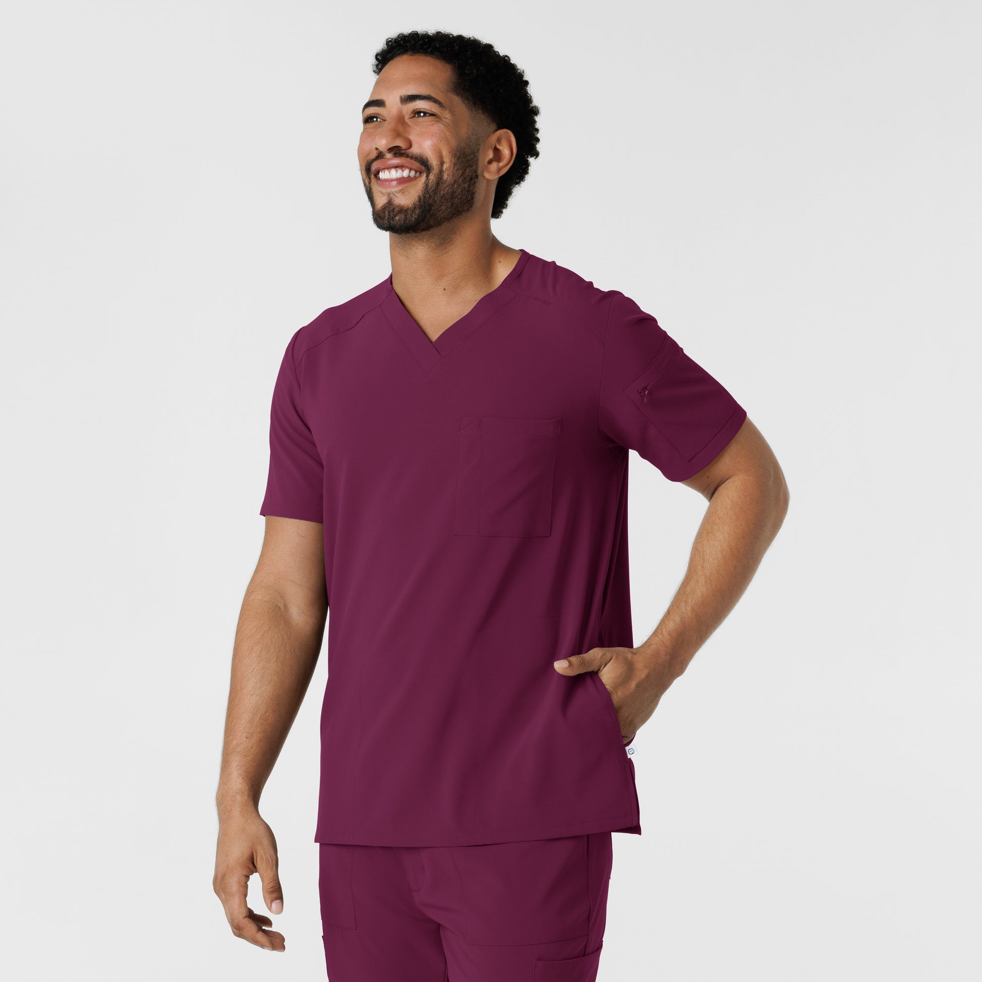 RENEW 6834 Men's V-Neck 5 Pocket Scrub Top Wine Model Image Right Side | Wink