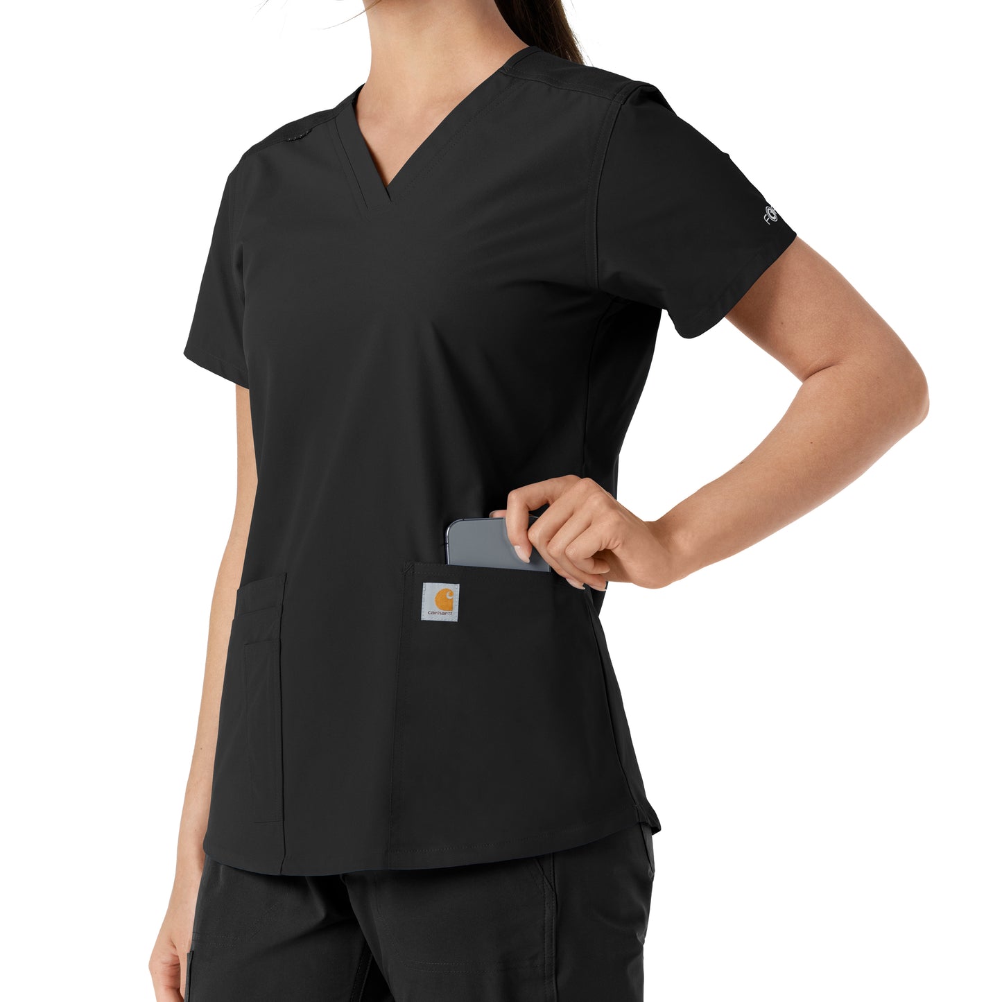 Force Essentials C12313 V-Neck Knit Panel Scrub Top Black Model Image Alternate | Carhartt