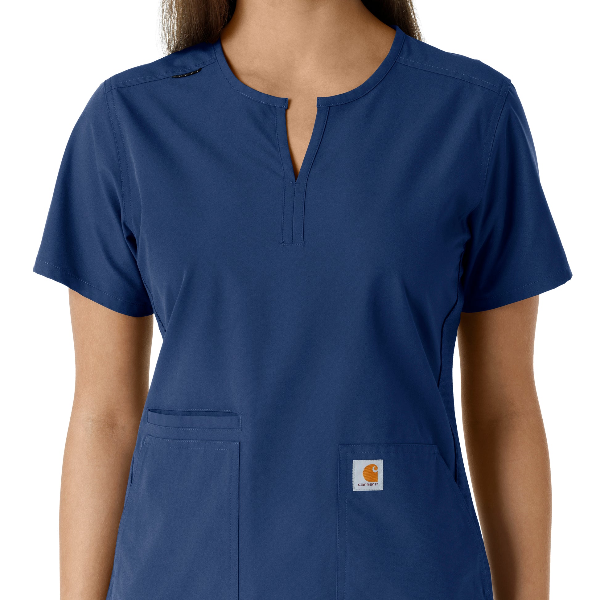 Force Essentials C12413 Notch Neck Tunic Knit Panel Scrub Top Navy Model Image Alternate | Carhartt