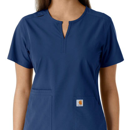 Force Essentials C12413 Notch Neck Tunic Knit Panel Scrub Top Navy Model Image Left Side | Carhartt