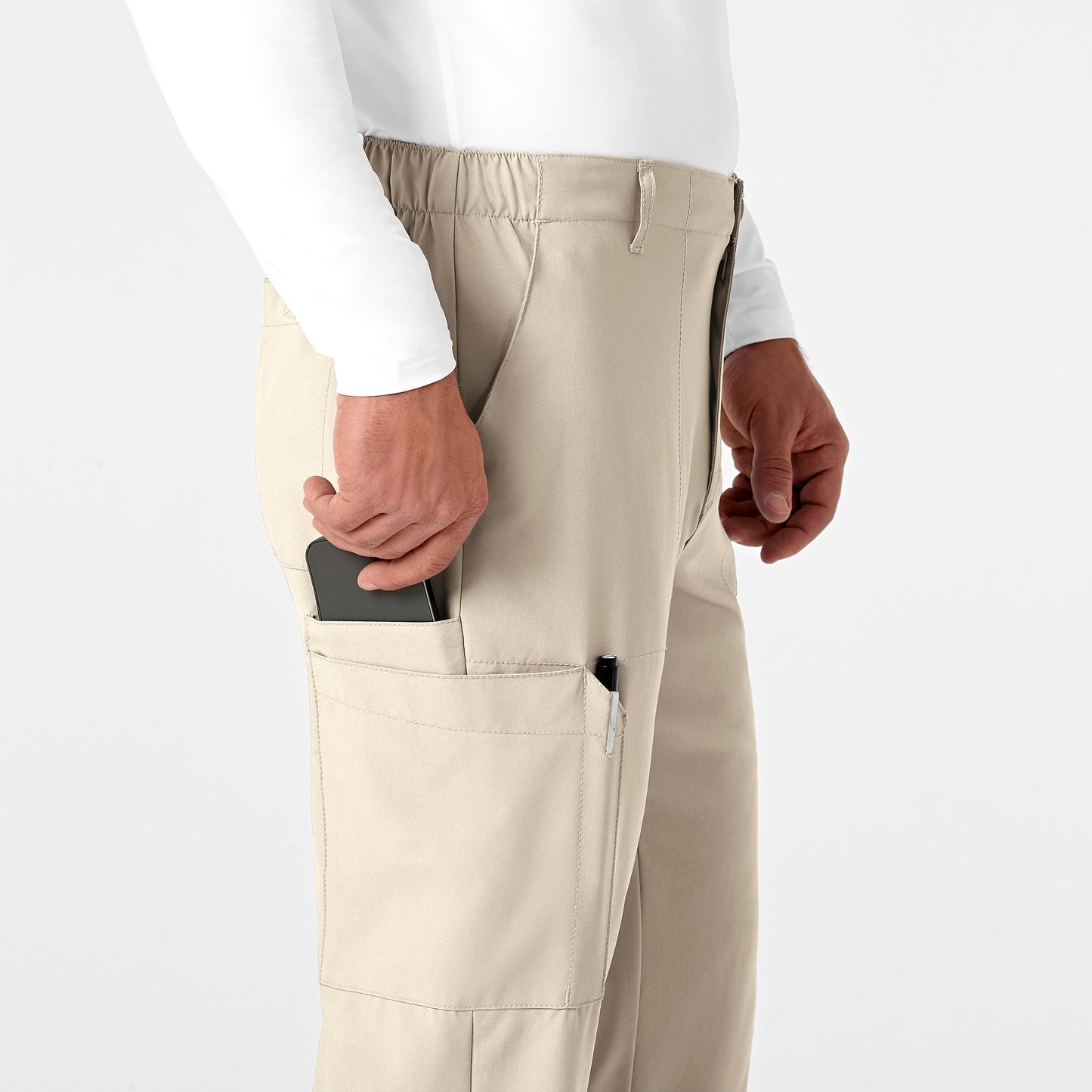 W123 5355 Men's Flat Front Cargo Scrub Pants Khaki Model Image Alternate | Wink