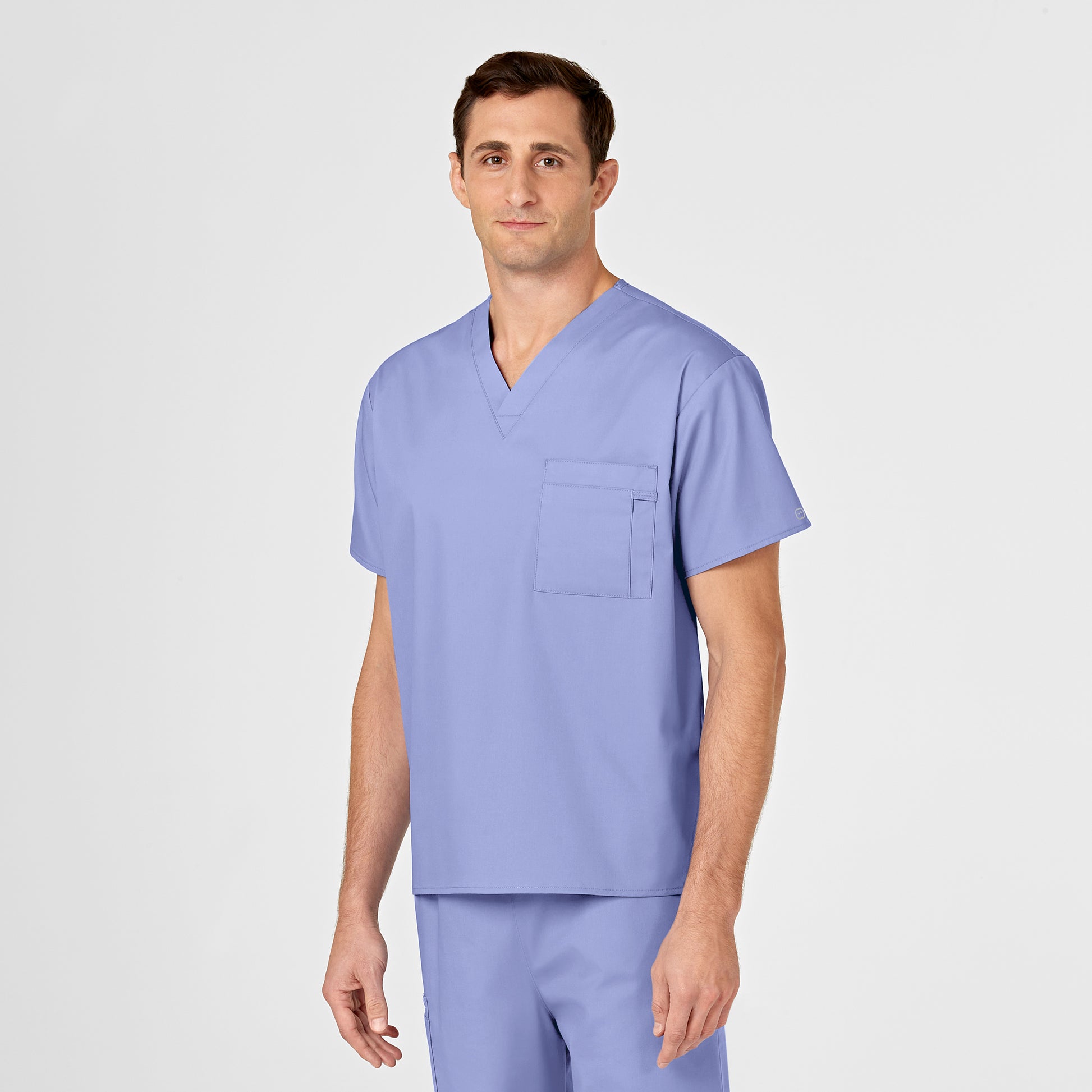 WonderWORK 100 Unisex V-Neck Scrub Top Ceil Blue Model Image Alternate | Wink