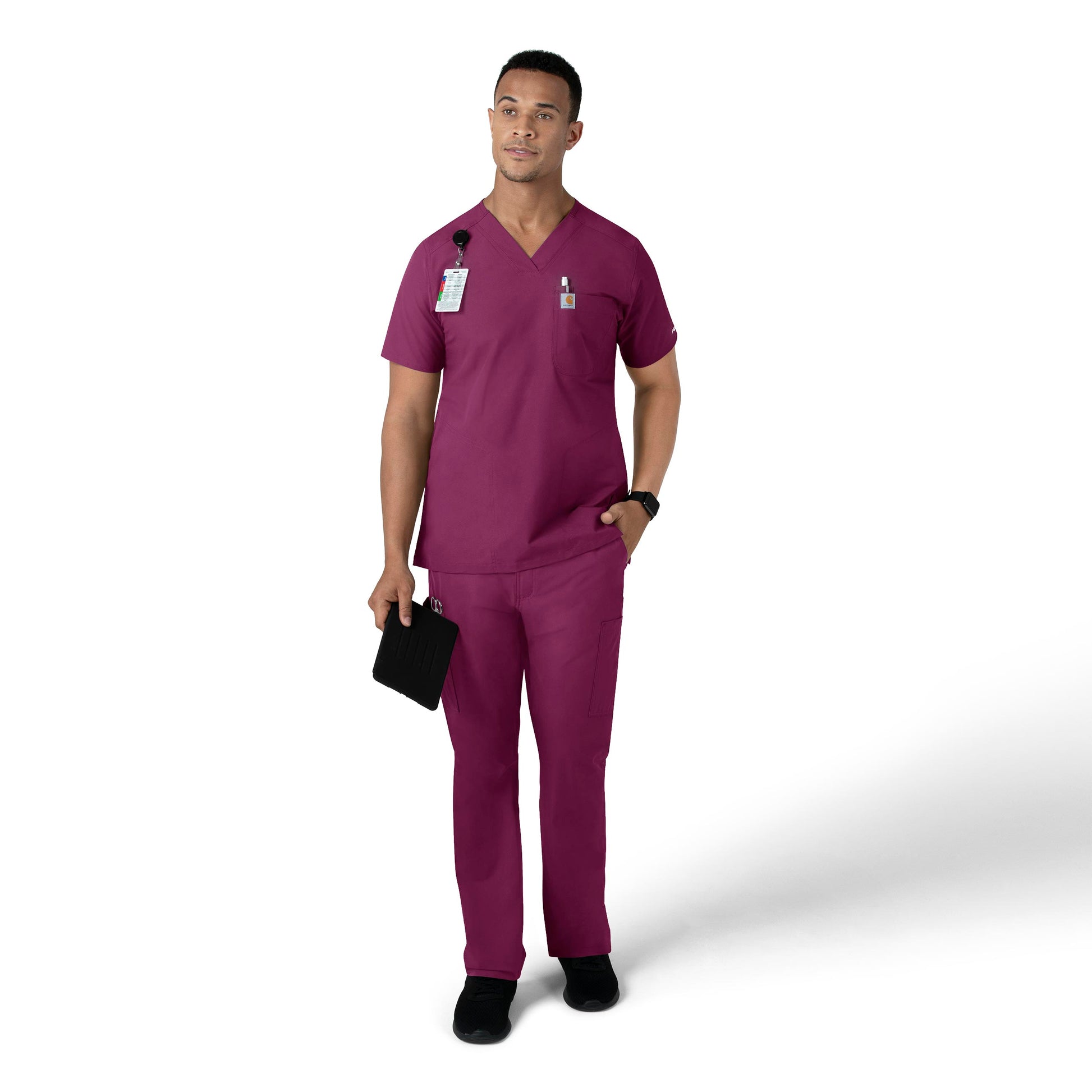 Force Essentials C16113 Men's V-Neck Shirttail Scrub Top Wine Model Image Right Side | Carhartt