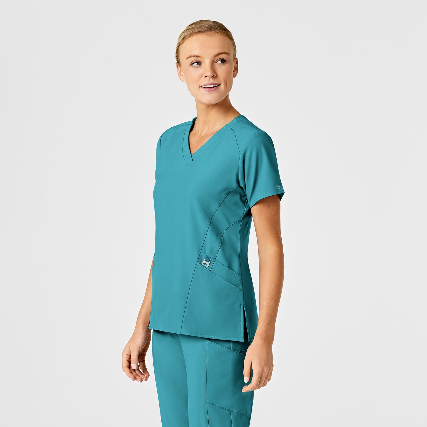 W123 6155 Stylized V-Neck Scrub Top Teal Blue Model Image Left Side | Wink