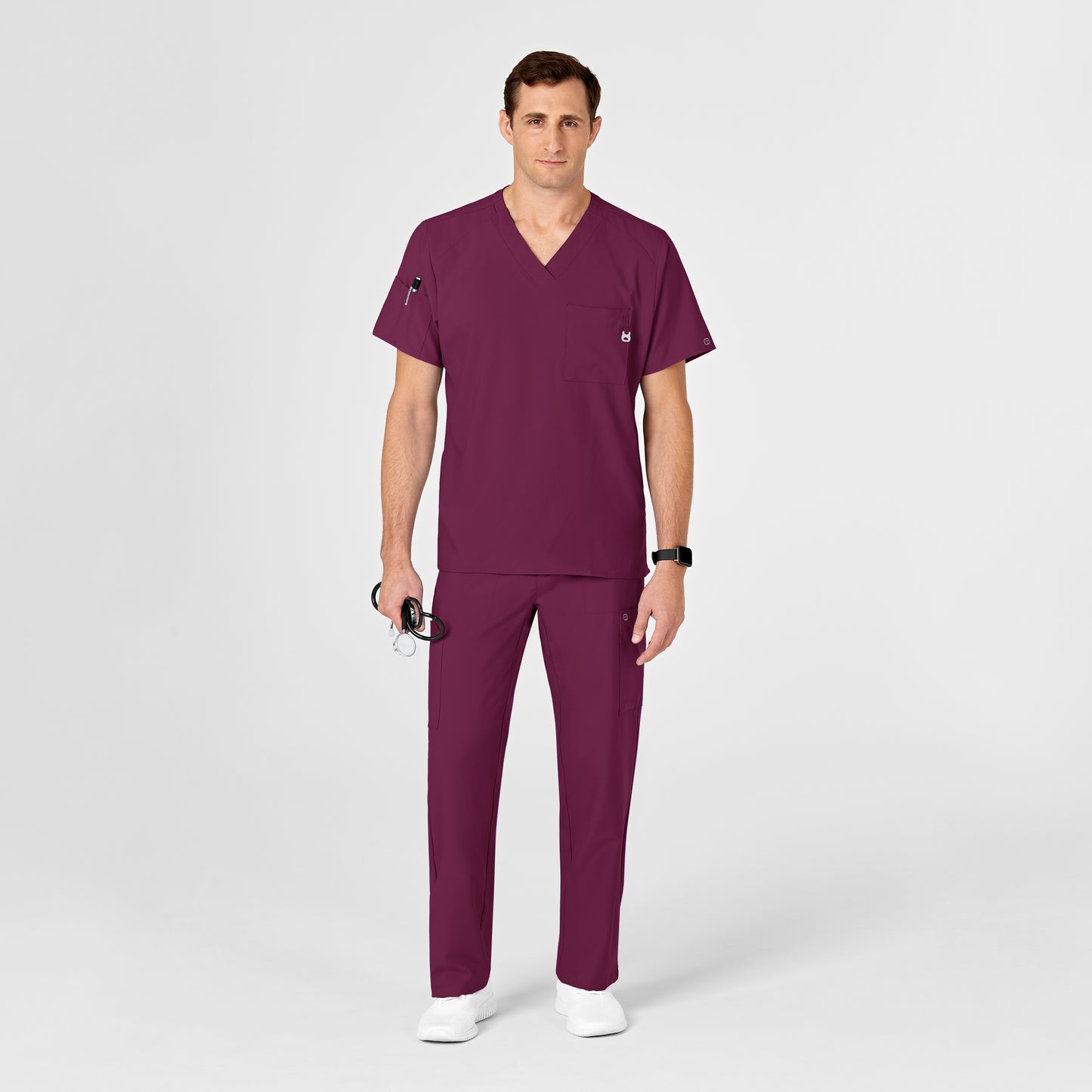 W123 6355 Men's V-Neck Scrub Top Wine Model Image Right Side | Wink