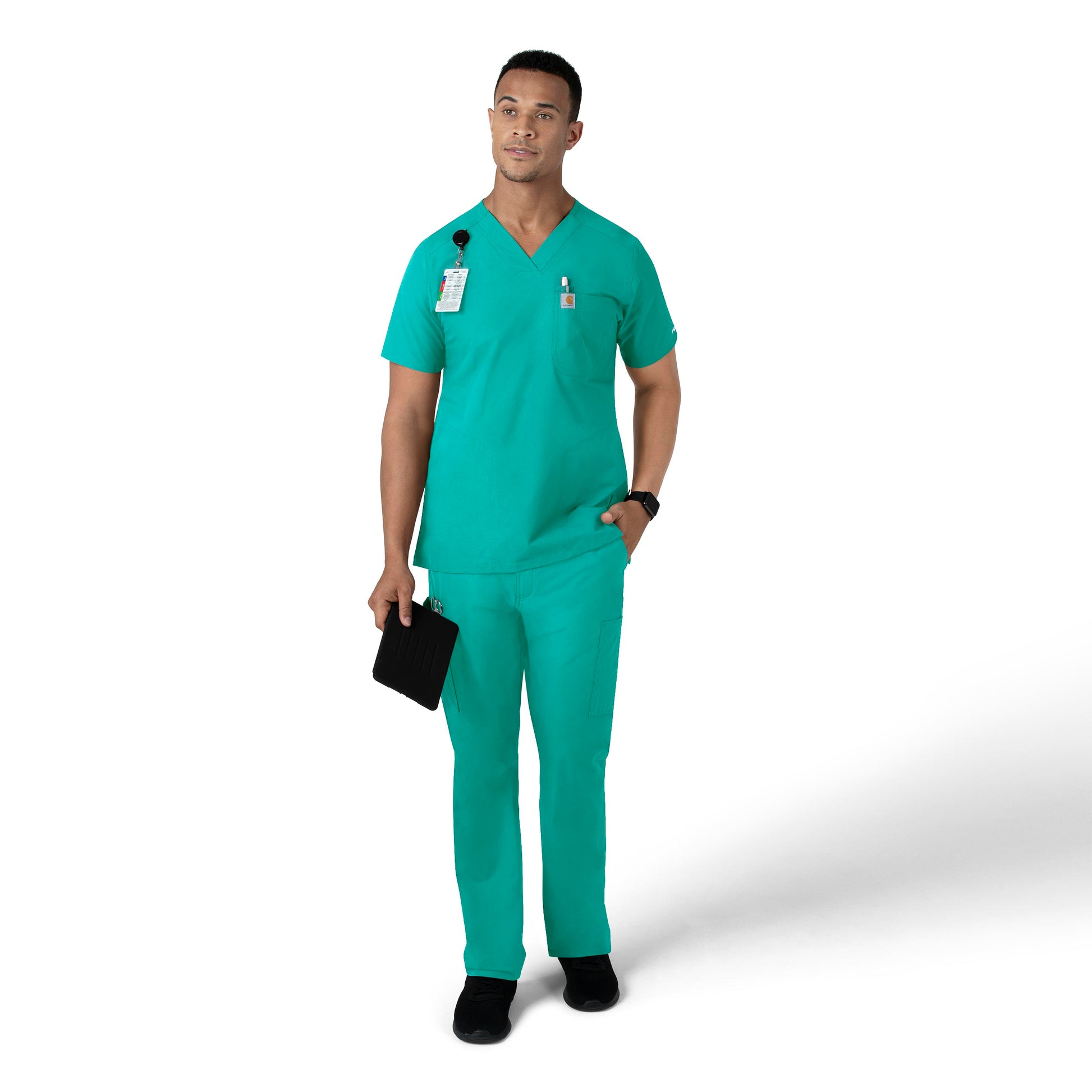 Force Essentials C16113 Men's V-Neck Shirttail Scrub Top Teal Blue Model Image Right Side | Carhartt