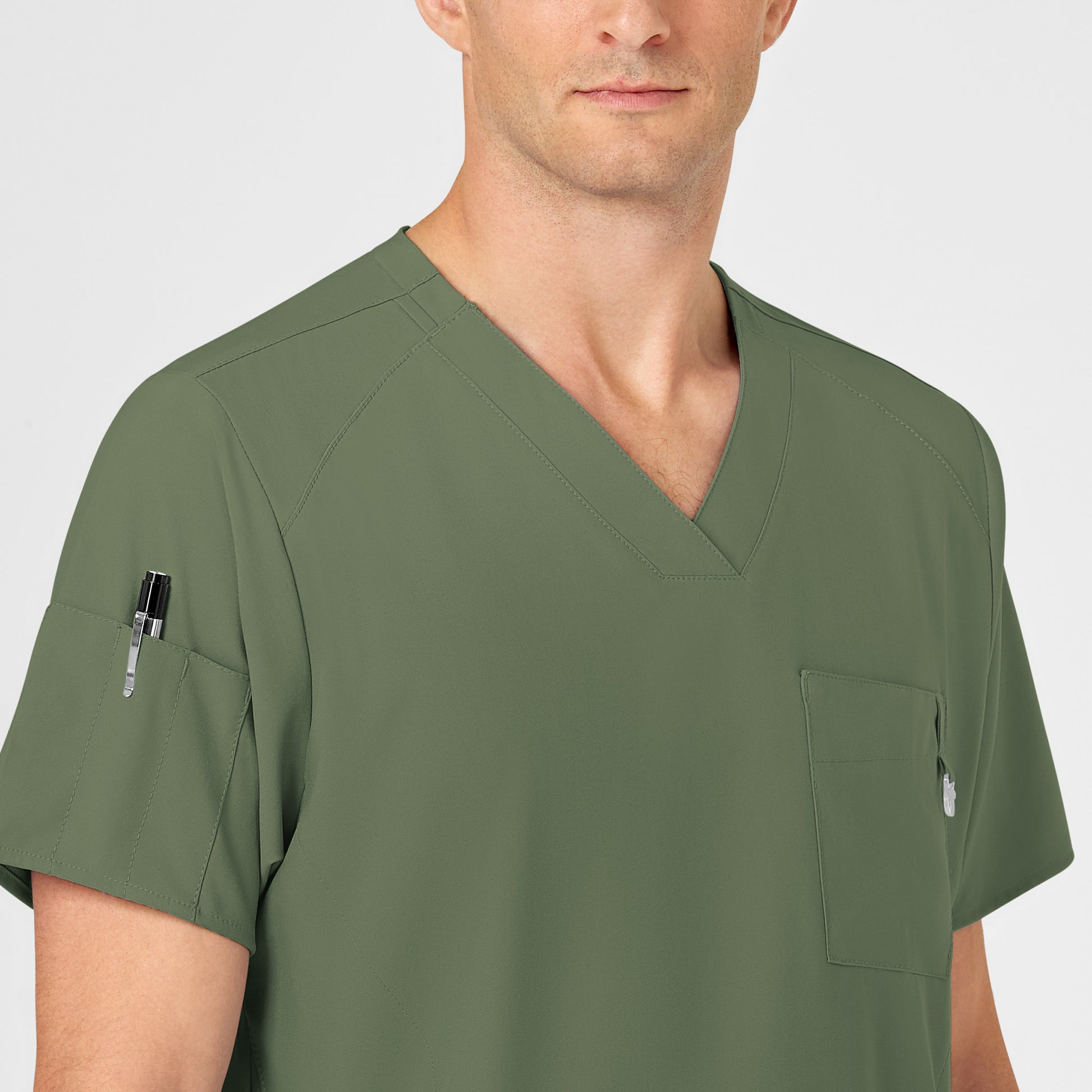 W123 6355 Men's V-Neck Scrub Top Olive Model Image Left Side | Wink