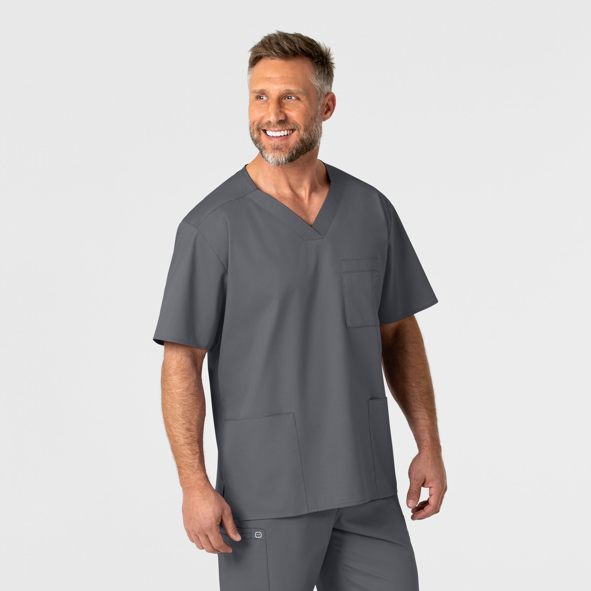 WonderWORK 103 Men's V-Neck Scrub Top Pewter Model Image Right Side | Wink