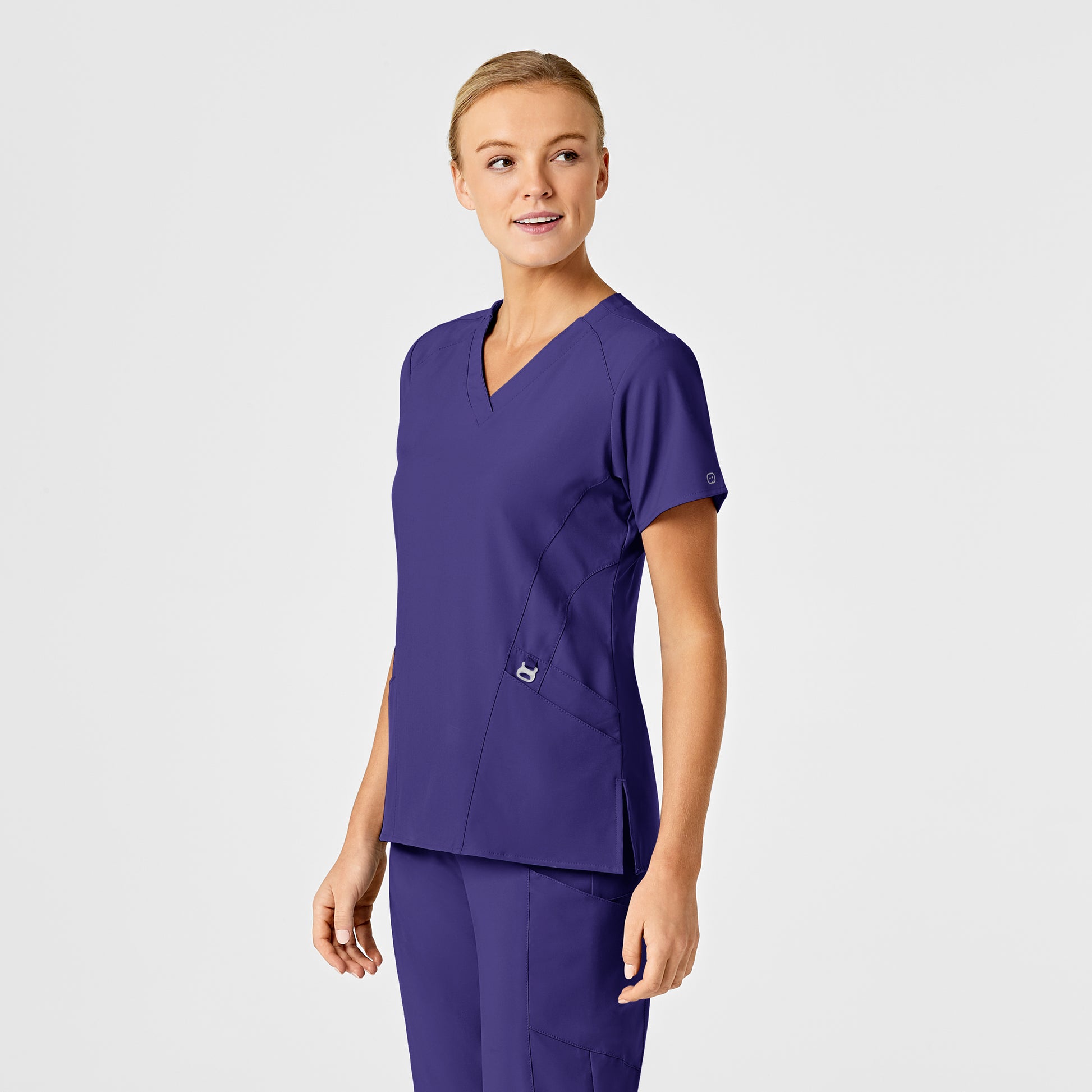 W123 6155 Stylized V-Neck Scrub Top Grape Model Image Left Side | Wink