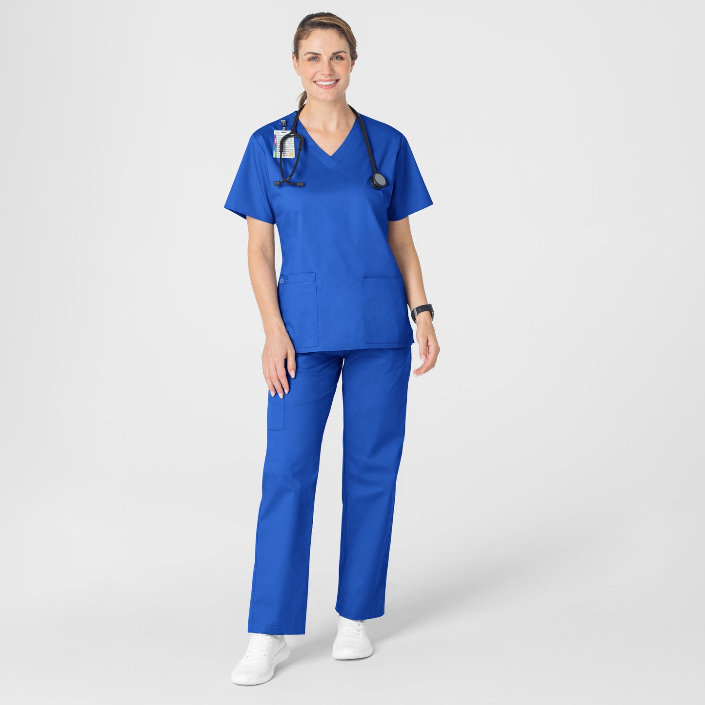 WonderWORK 101 V-Neck Scrub Top Royal Model Image Alternate | Wink