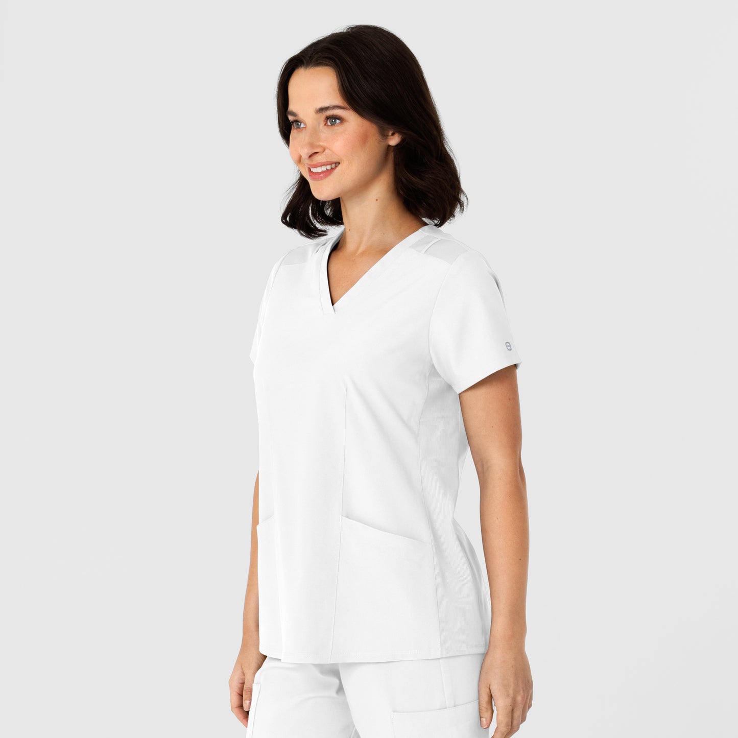 W123 6145 Flex-n-Reach Side Panel V-Neck Scrub Top White Model Image Right Side | Wink