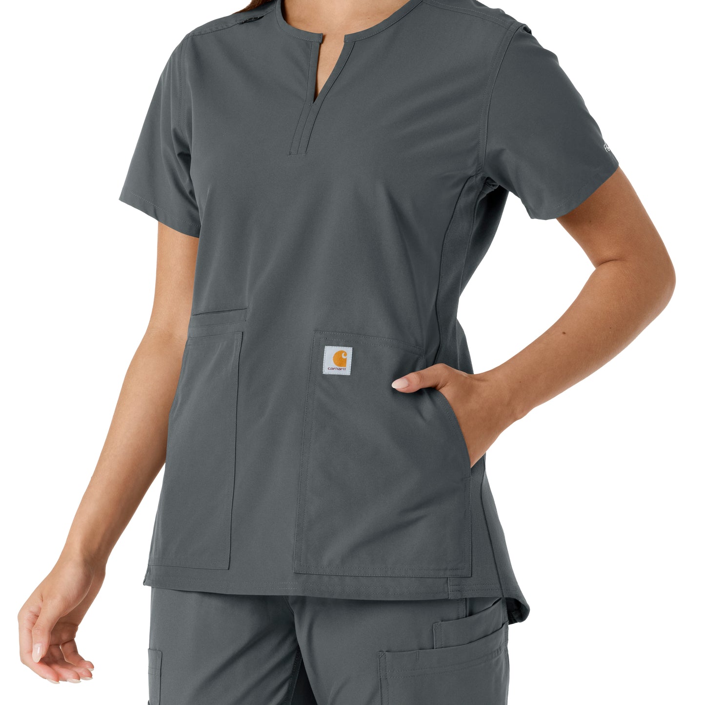 Force Essentials C12413 Notch Neck Tunic Knit Panel Scrub Top Pewter Model Image Alternate | Carhartt