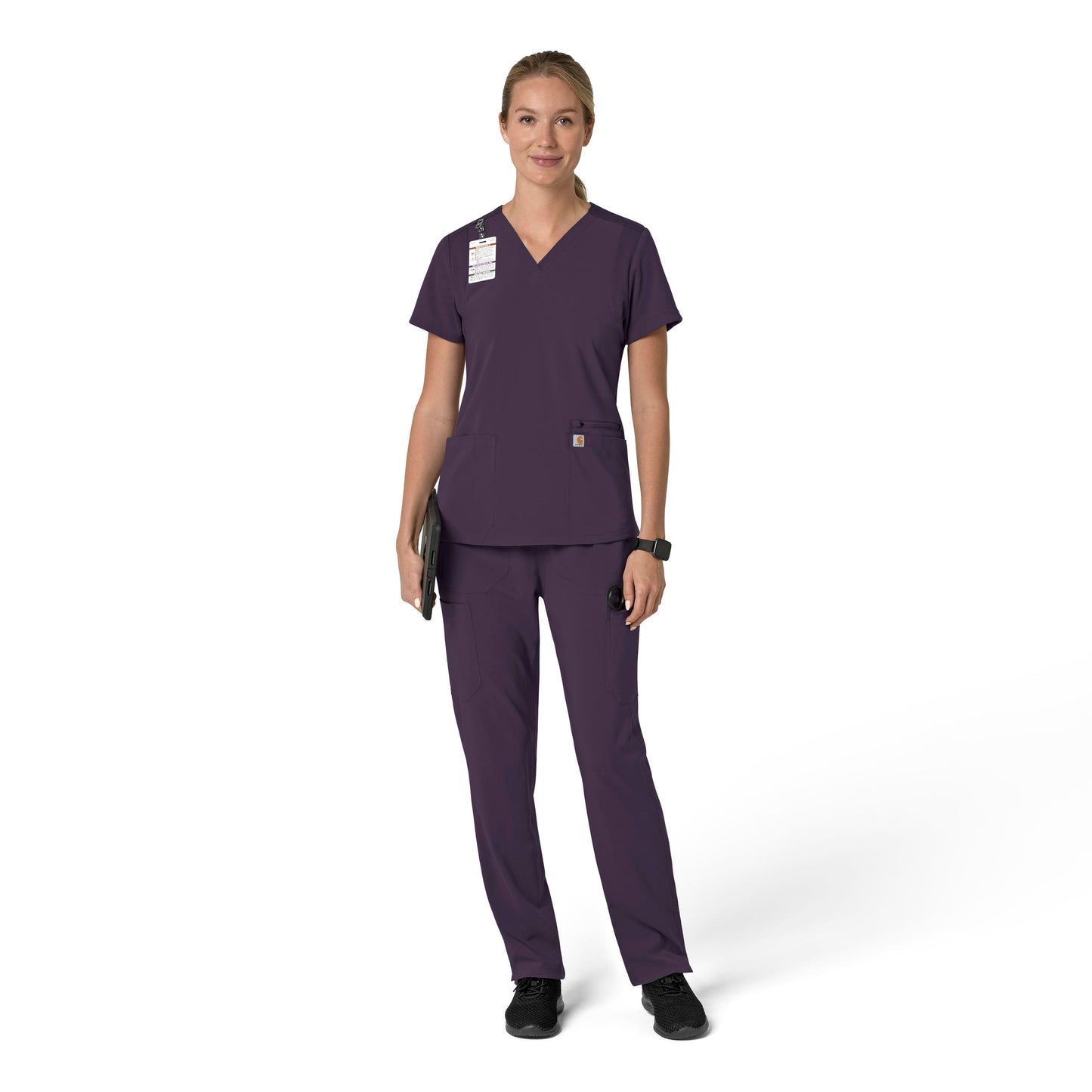 Force Cross-Flex C13210 Flex Panel V-Neck Scrub Top Black Plum Model Image Front | Carhartt