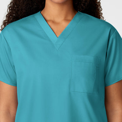 WonderWORK 100 Unisex V-Neck Scrub Top Teal Blue Model Image Alternate | Wink