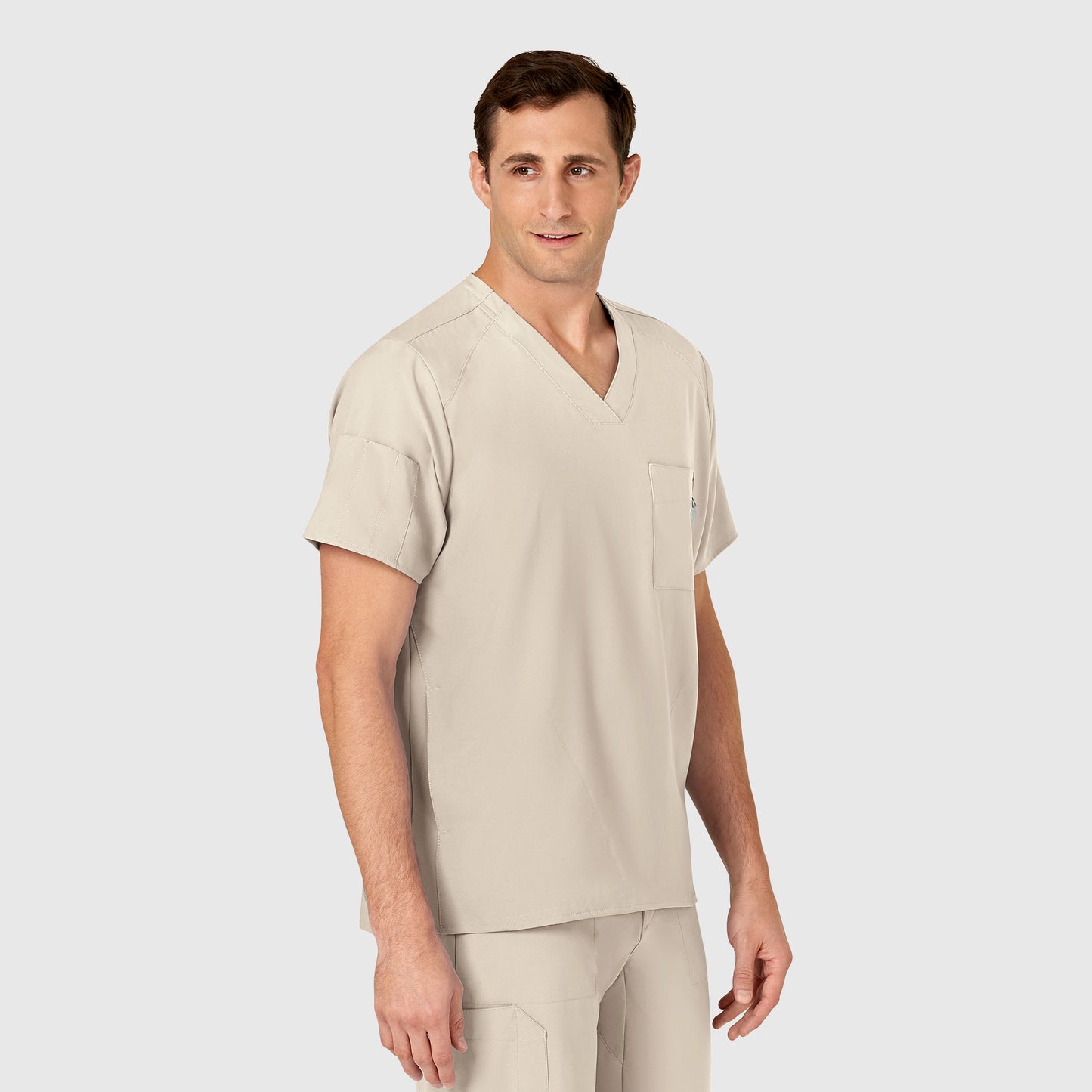 W123 6355 Men's V-Neck Scrub Top Khaki Model Image Right Side | Wink