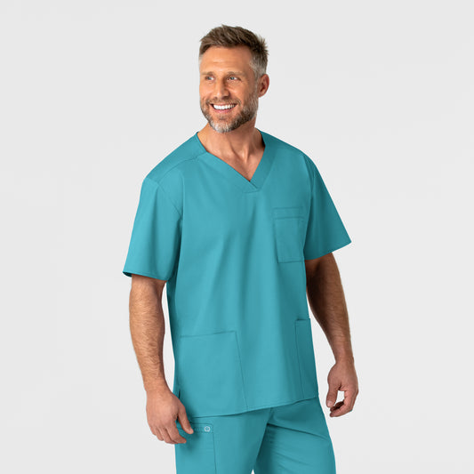 WonderWORK 103 Men's V-Neck Scrub Top Teal Blue Model Image Right Side | Wink