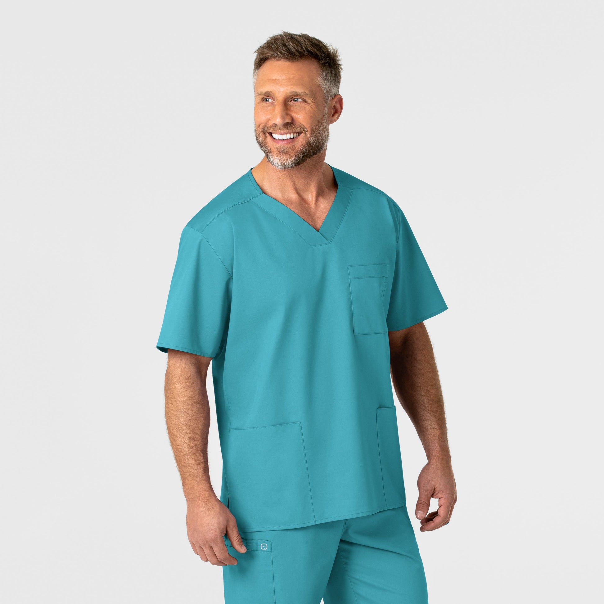 WonderWORK 103 Men's V-Neck Scrub Top Teal Blue Model Image Right Side | Wink