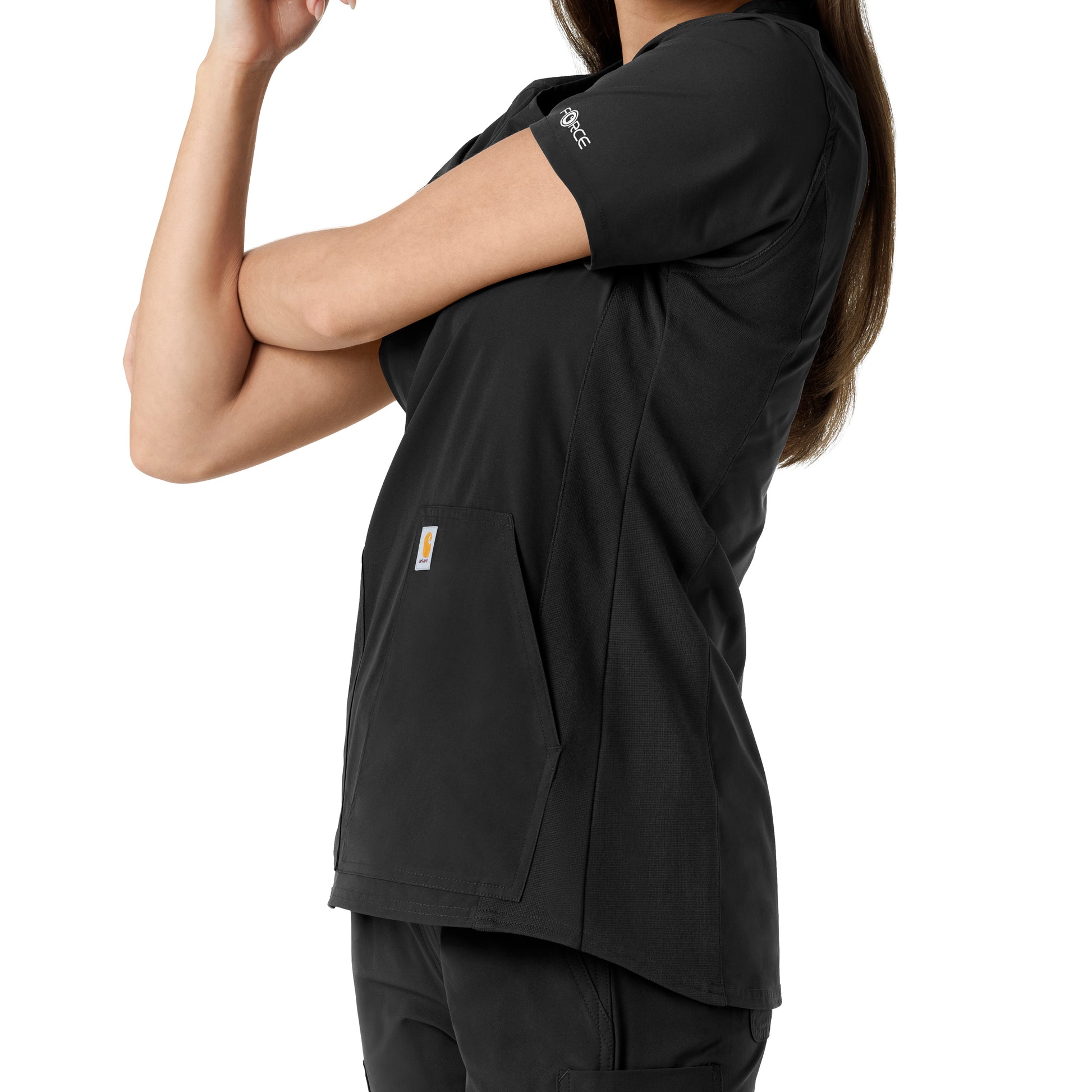 Force Essentials C12413 Notch Neck Tunic Knit Panel Scrub Top Black Model Image Alternate | Carhartt