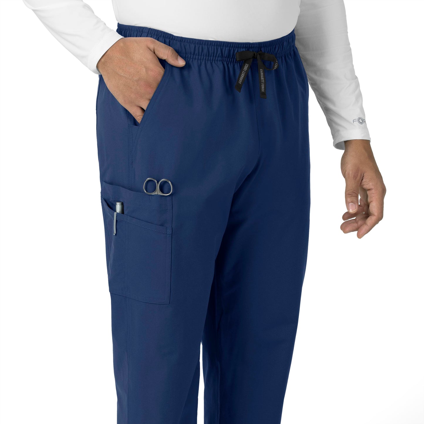 Force Essentials C55013 Unisex Elastic Waist Cargo Scrub Pants Navy Model Image Left Side | Carhartt