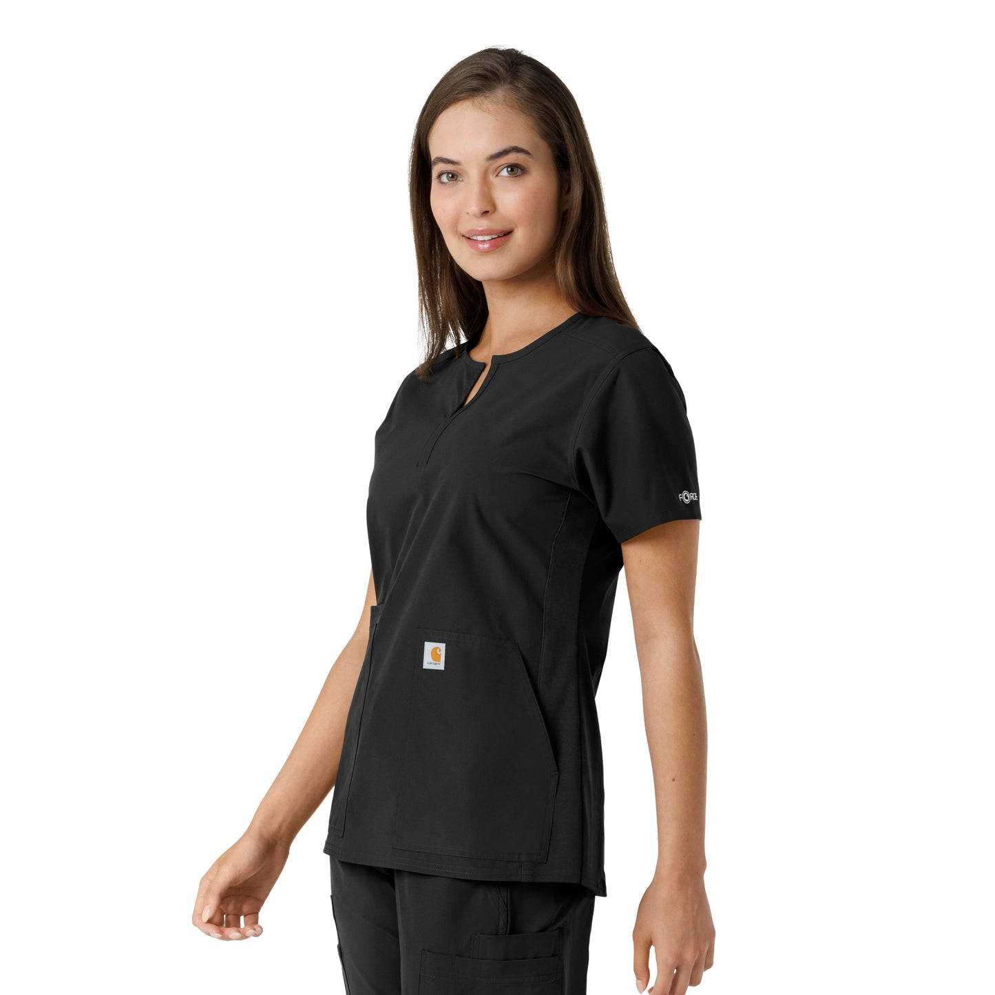 Force Essentials C12413 Notch Neck Tunic Knit Panel Scrub Top Black Model Image Right Side | Carhartt