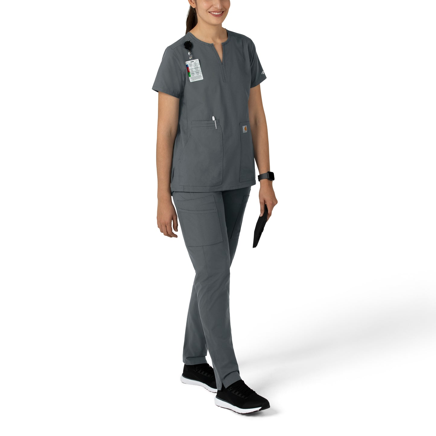 Force Essentials C12213 Notch Neck Tunic Scrub Top Pewter Model Image Right Side | Carhartt