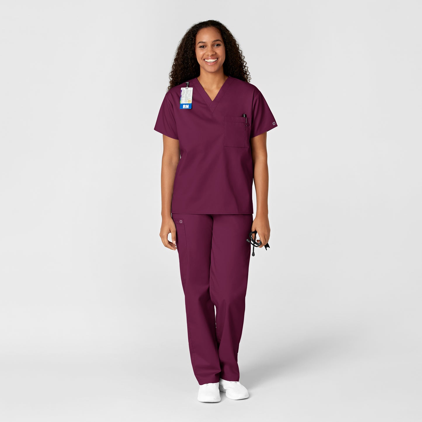 WonderWORK 100 Unisex V-Neck Scrub Top Wine Model Image Alternate | Wink