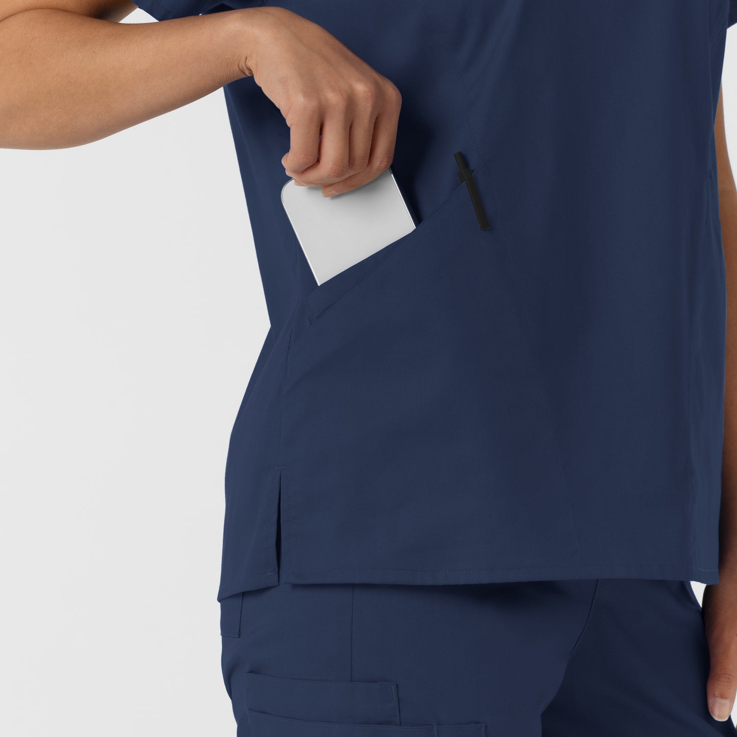 WonderWORK 106 Curved V-Neck Scrub Top Navy Model Image Alternate | Wink