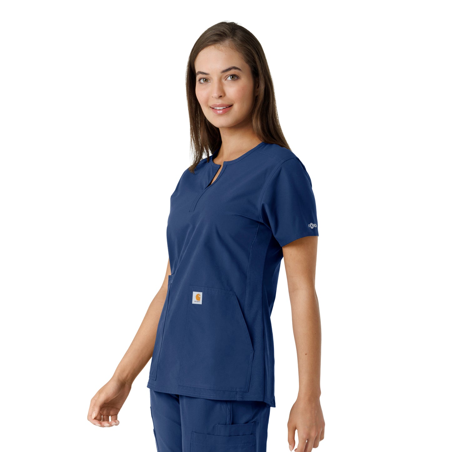 Force Essentials C12413 Notch Neck Tunic Knit Panel Scrub Top Navy Model Image Right Side | Carhartt