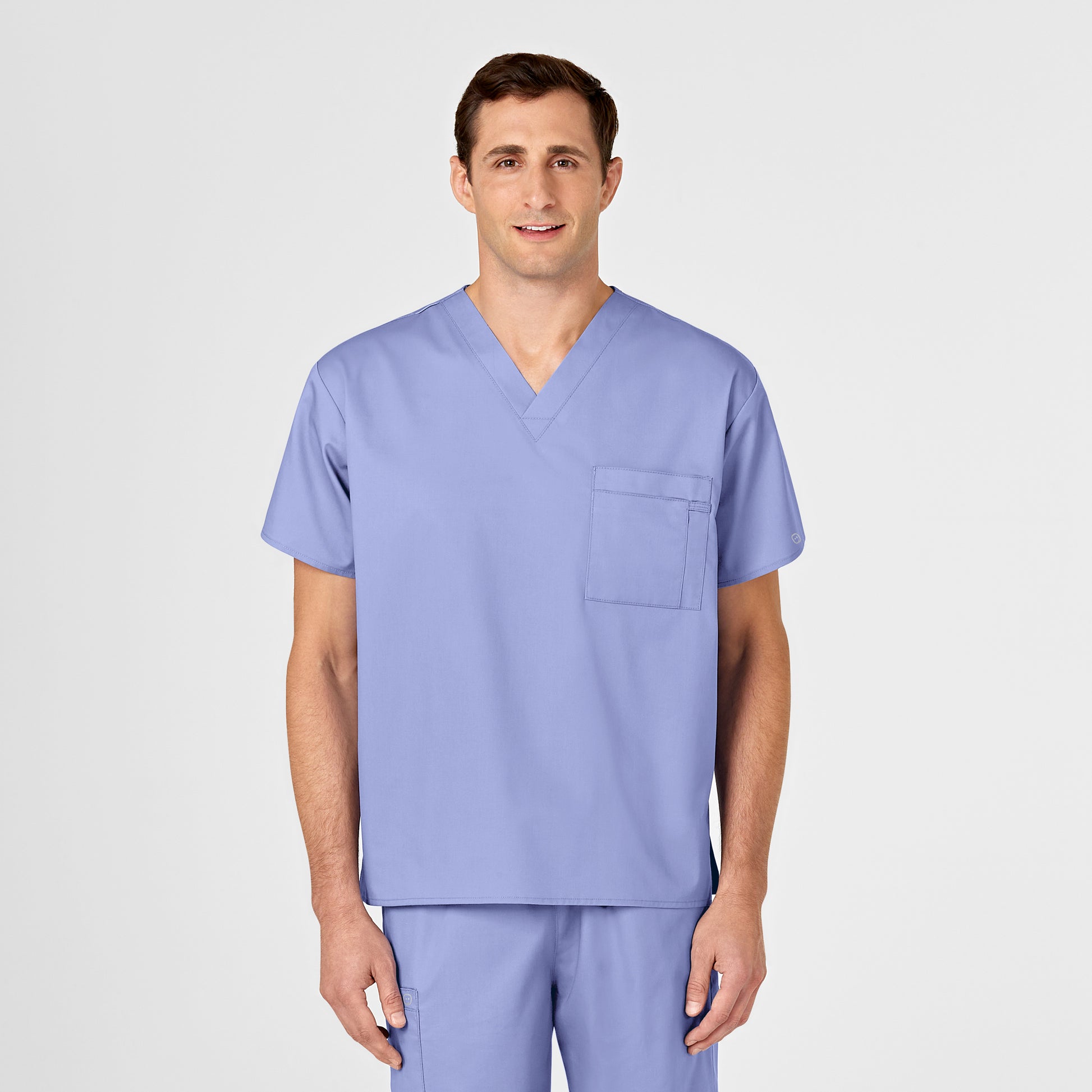 WonderWORK 100 Unisex V-Neck Scrub Top Ceil Blue Model Image Left Side | Wink