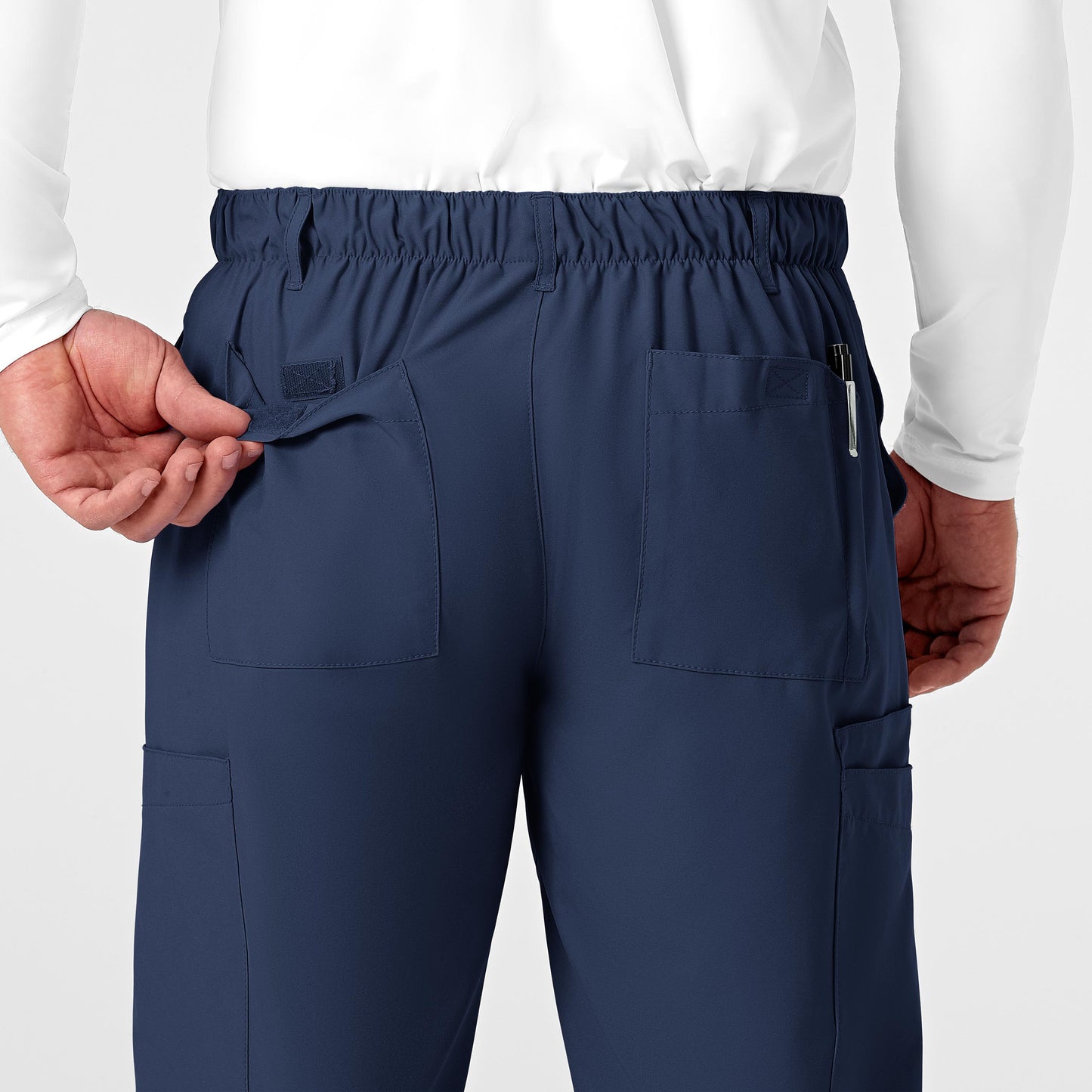 W123 5355 Men's Flat Front Cargo Scrub Pants Navy Model Image Alternate | Wink