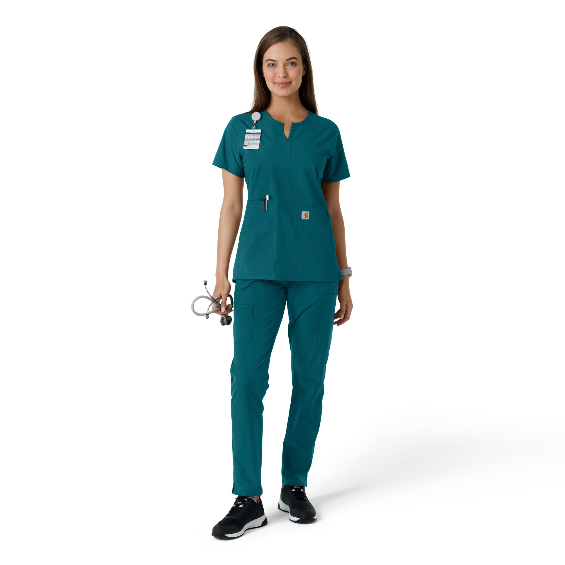 Force Essentials C12413 Notch Neck Tunic Knit Panel Scrub Top Caribbean Model Image Right Side | Carhartt