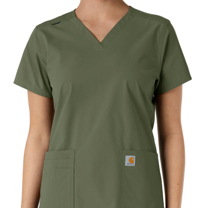 Force Essentials C12313 V-Neck Knit Panel Scrub Top Olive Model Image Left Side | Carhartt