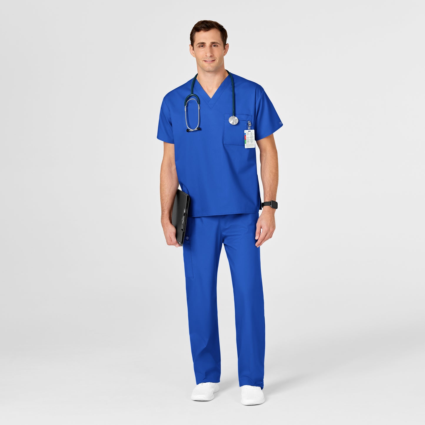 WonderWORK 100 Unisex V-Neck Scrub Top Royal Model Image Alternate | Wink